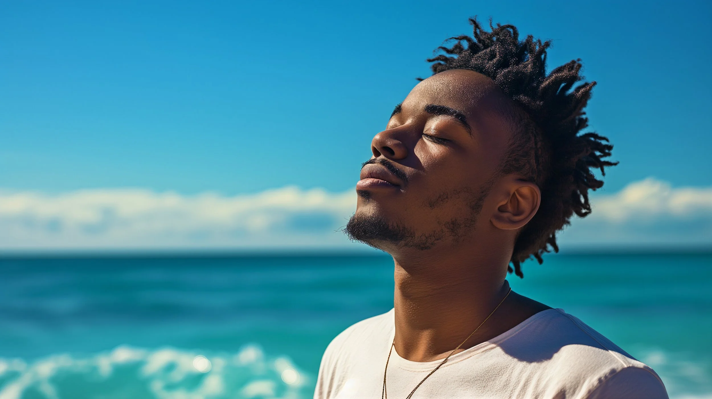 A young man with dreadlocks and a beard relaxing with his eyes closed at the beach, enjoying the sunny weather with the ocean and blue sky in the background.