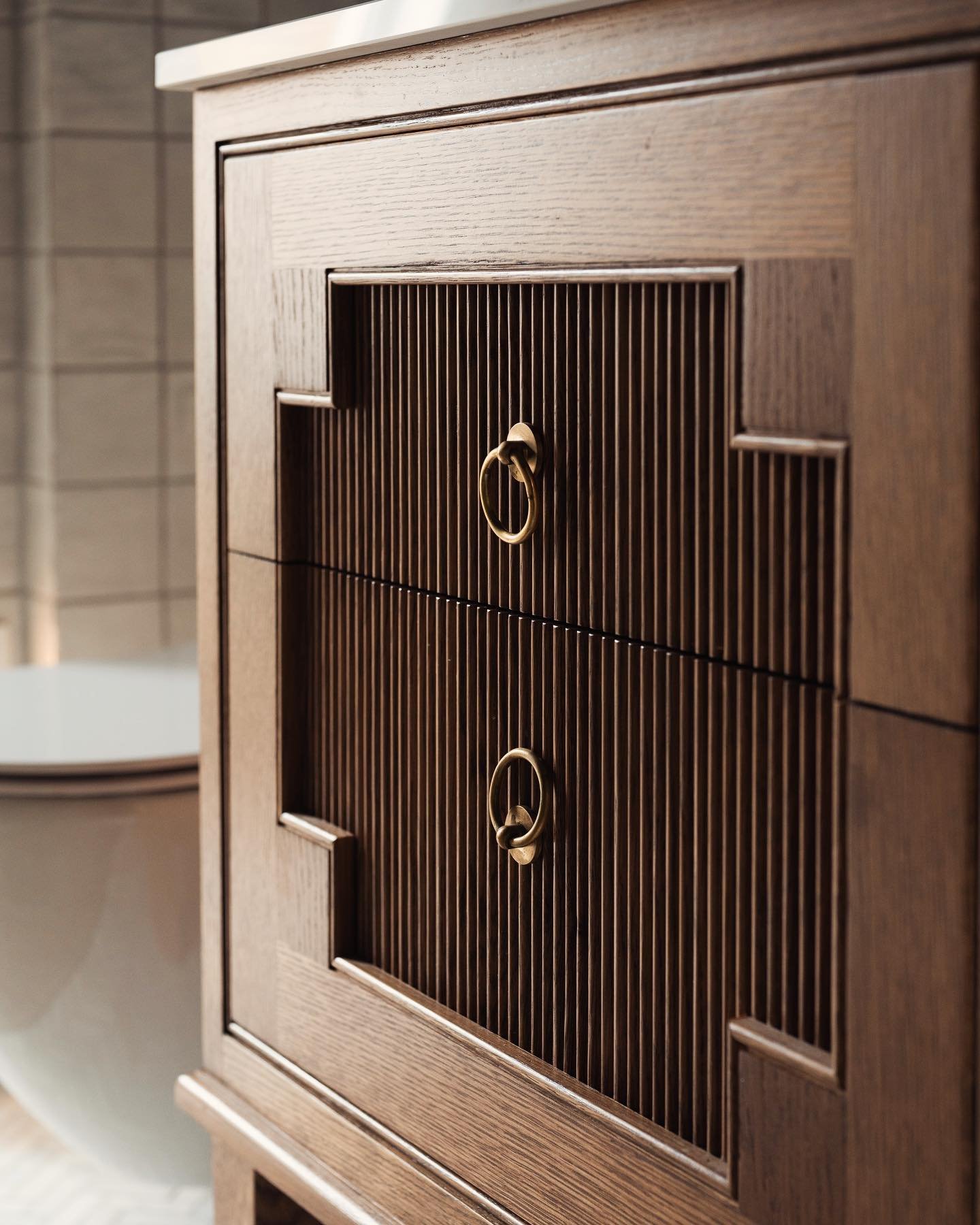 This little bathroom cabinet deserves a moment in the limelight.  Designed and manufactured by our team, the craftsmanship and detail is superb.  It&rsquo;s the star of the show in this small en suite bathroom in our Victorian renovation.