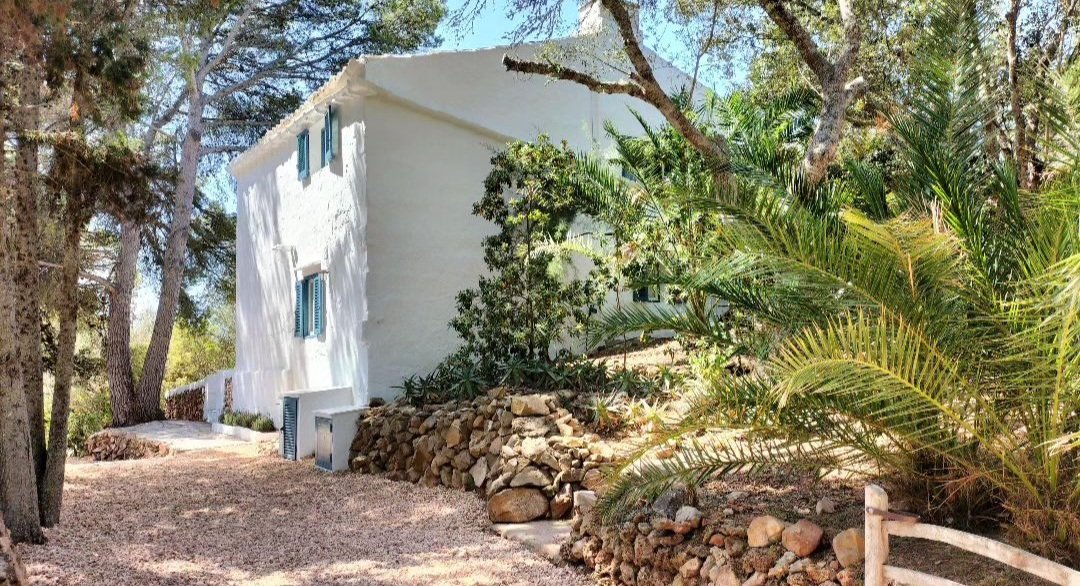 A white house with blue shutters surrounded by trees and desert plants, with a stone-lined garden bed in front.