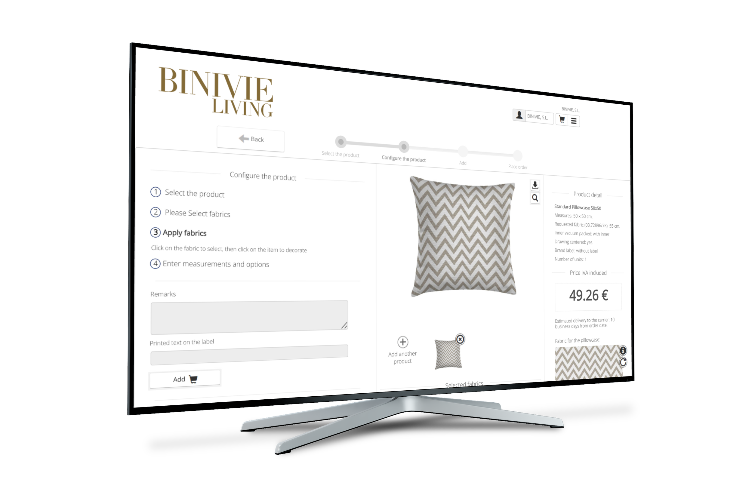 Computer screen displaying an online product customization page for bedding, featuring a chevron pattern pillow with price and fabric options.