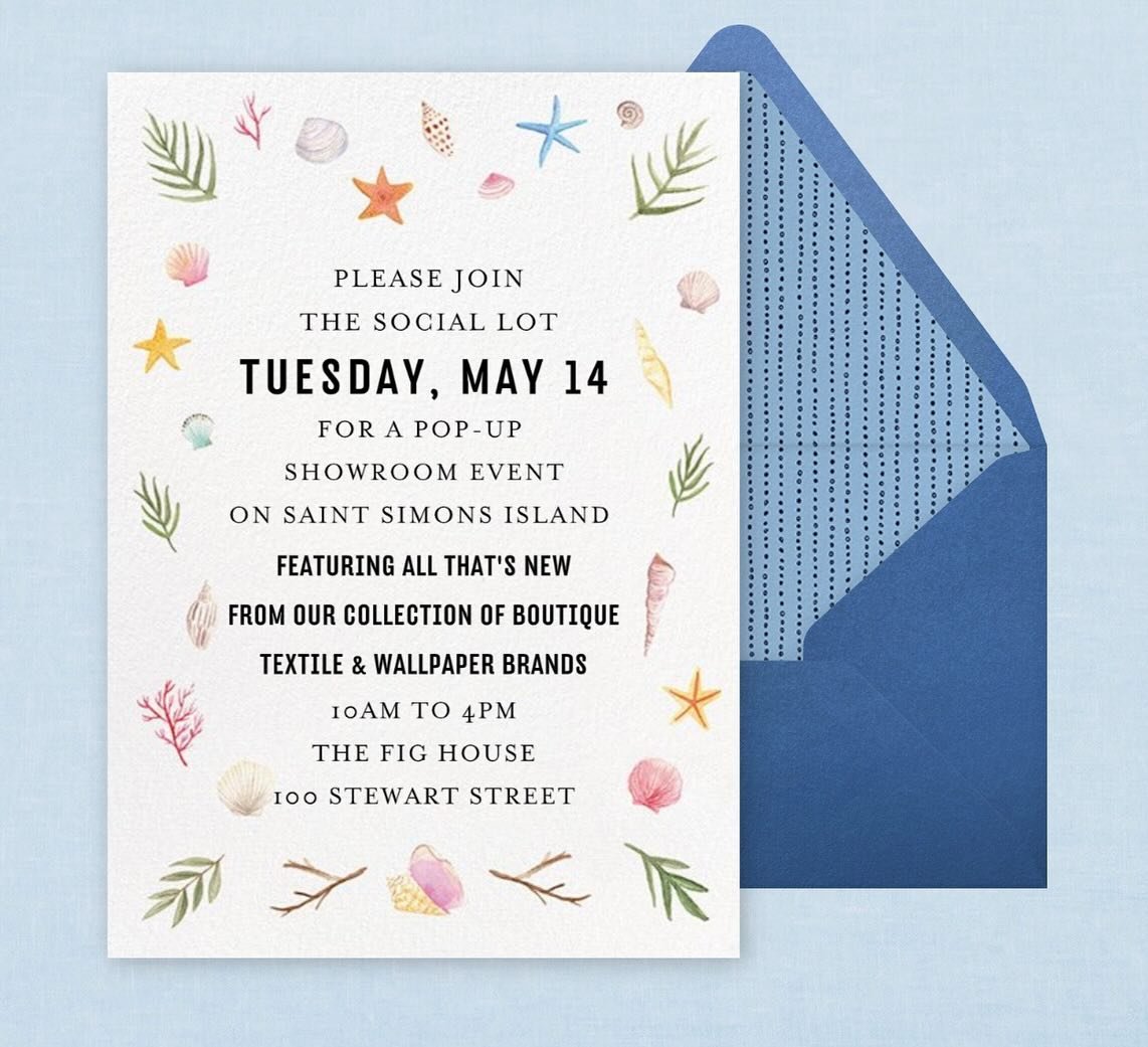 The Social Lot is GOING COASTAL!✨

We&rsquo;re teaming up with our friends at @thelotshowroom for two fun events next week that will showcase all that&rsquo;s new from our collection of boutique textile and wallpaper brands!✨

First up, Saint Simons 