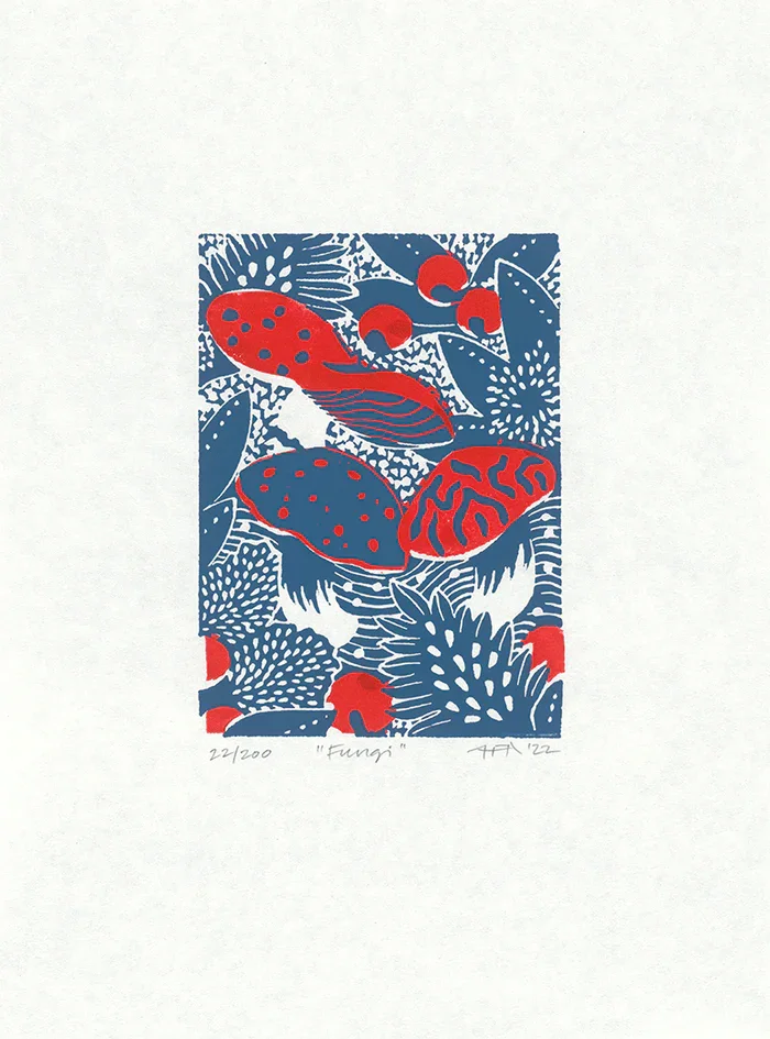 fungi blue and red linocut.webp