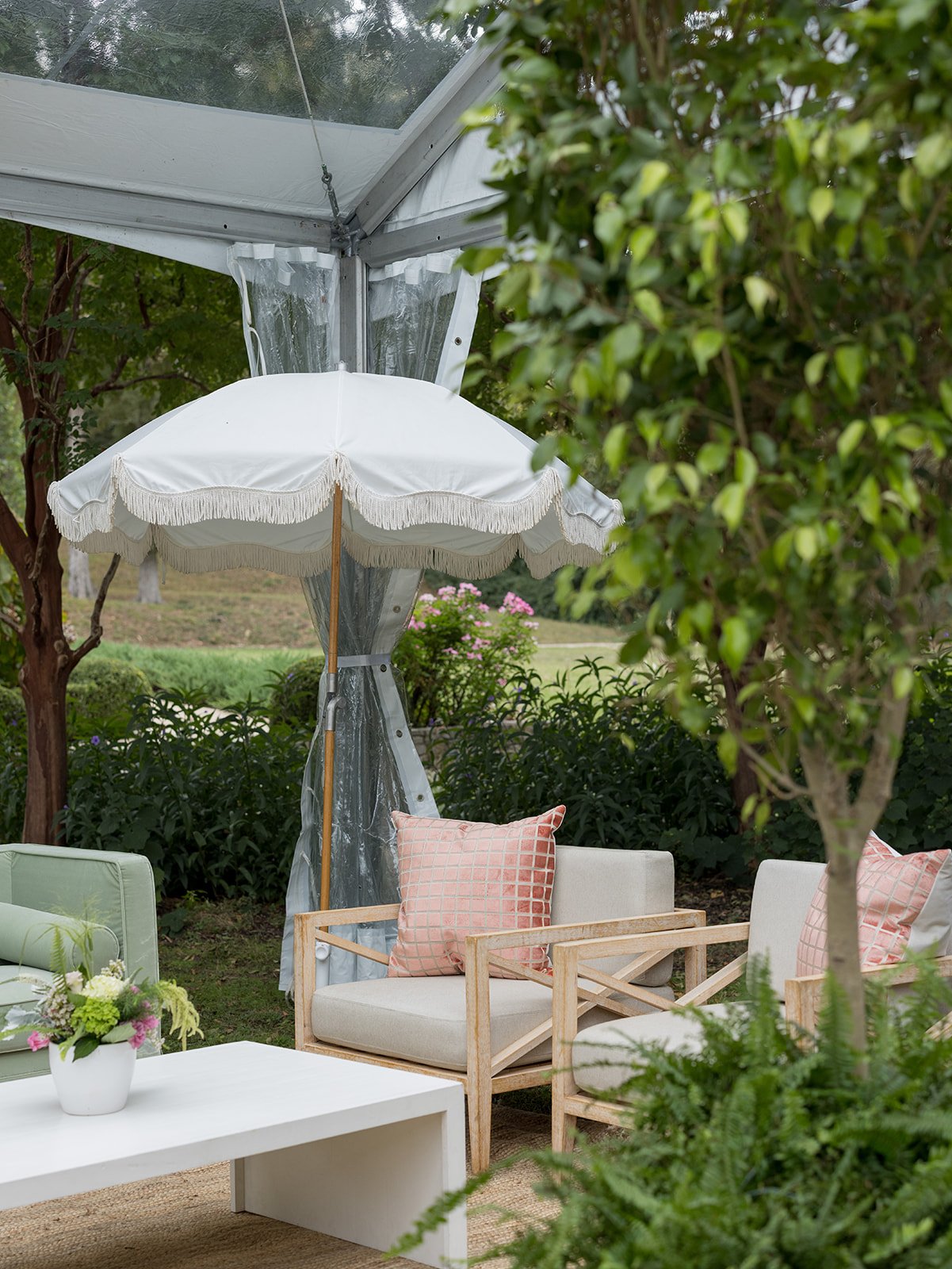 Lounge Seating with Umbrella and Garden-Inspired Pillows