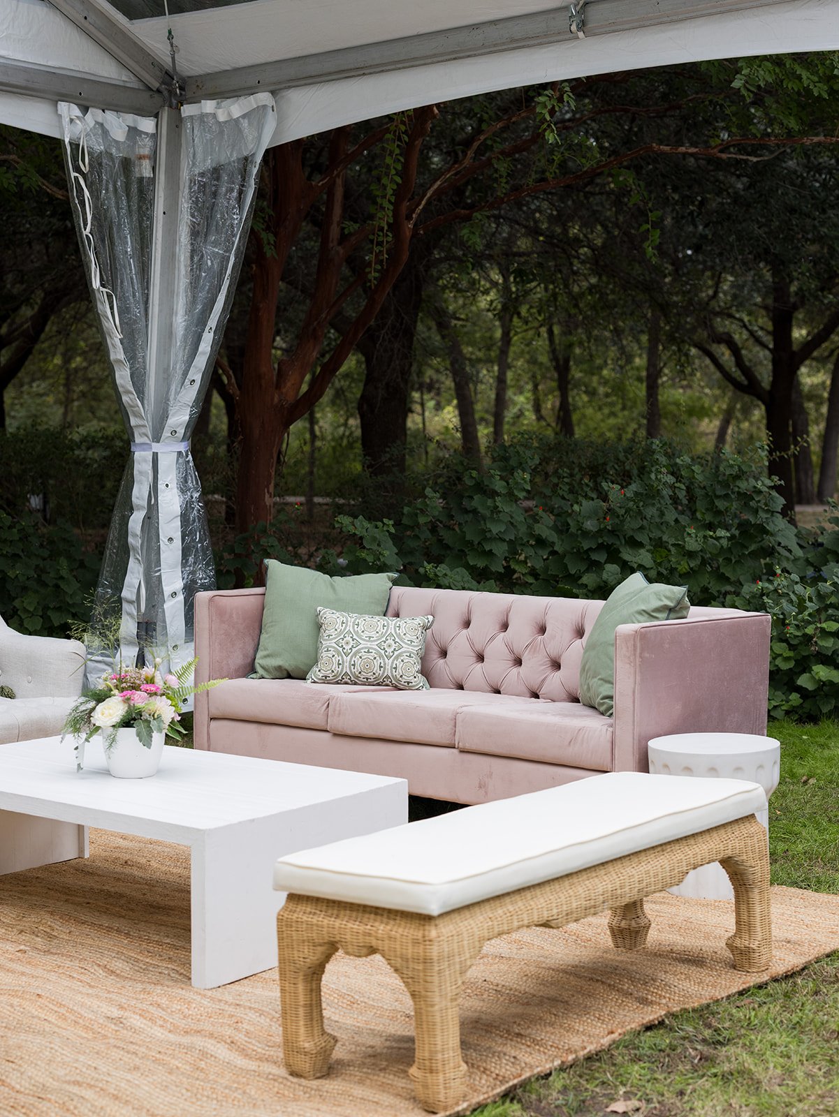 Modern Outdoor Lounge with Tufted Sofa and Wood Accents