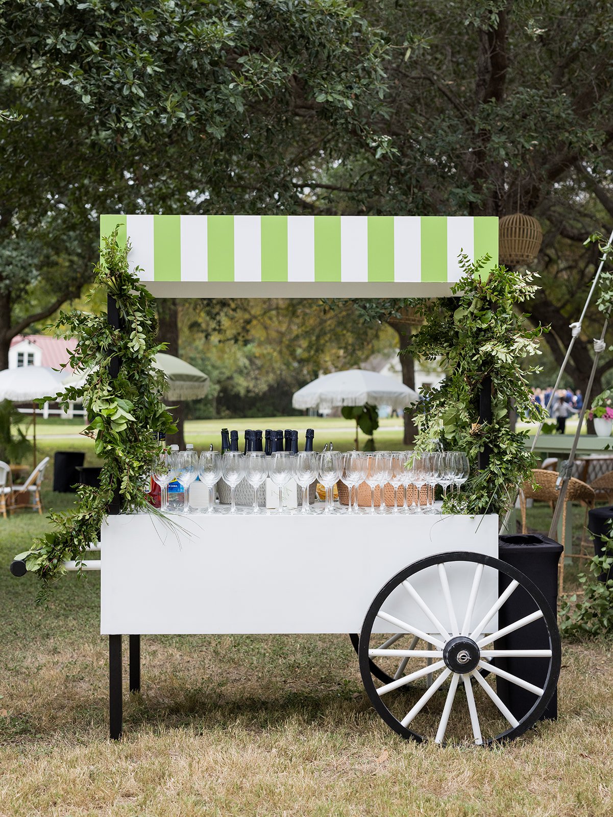 Outdoor Champagne Cart with Green and White Awning