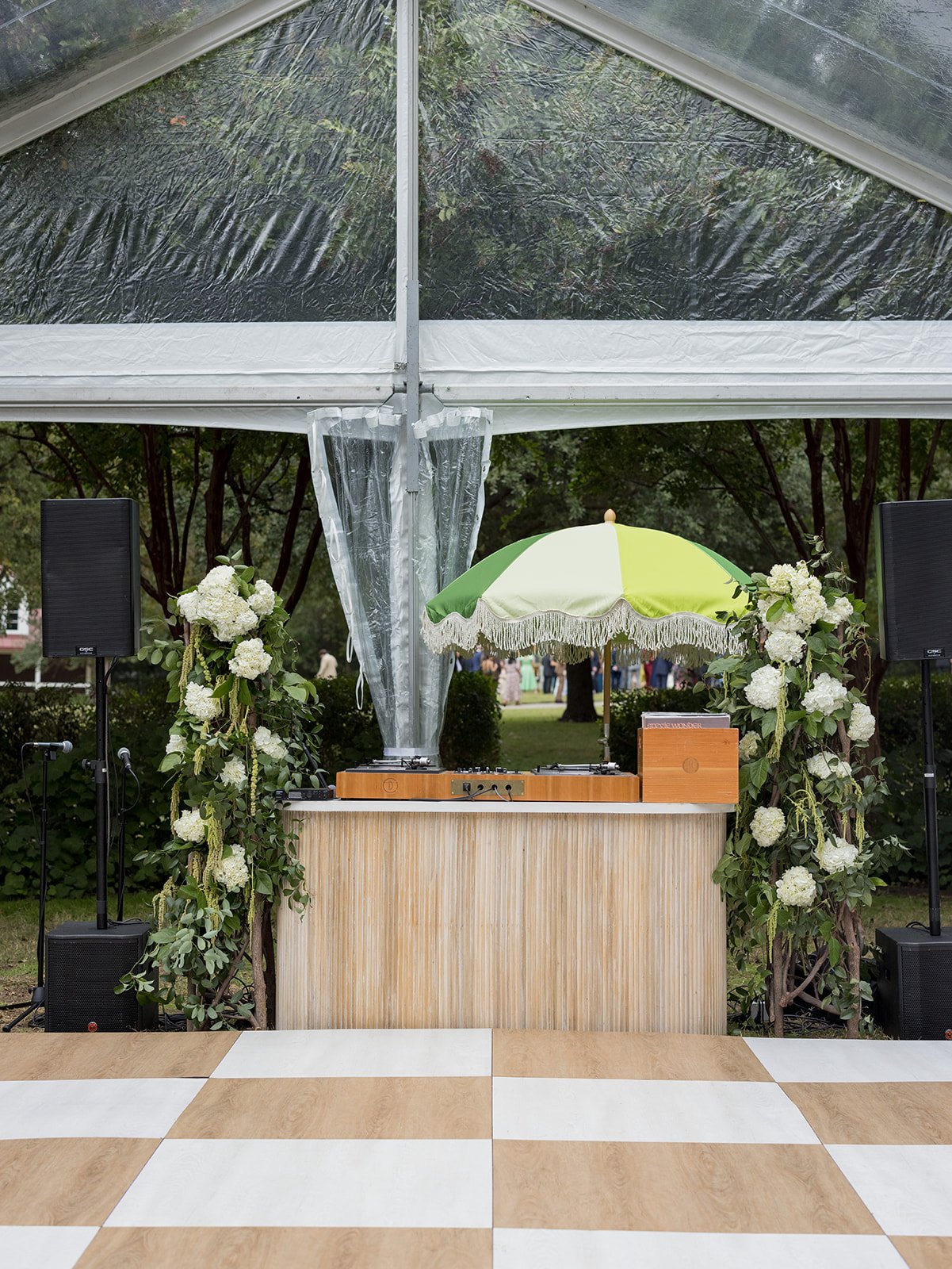 Dance Floor with Wood Paneling and Floral-Covered DJ Booth