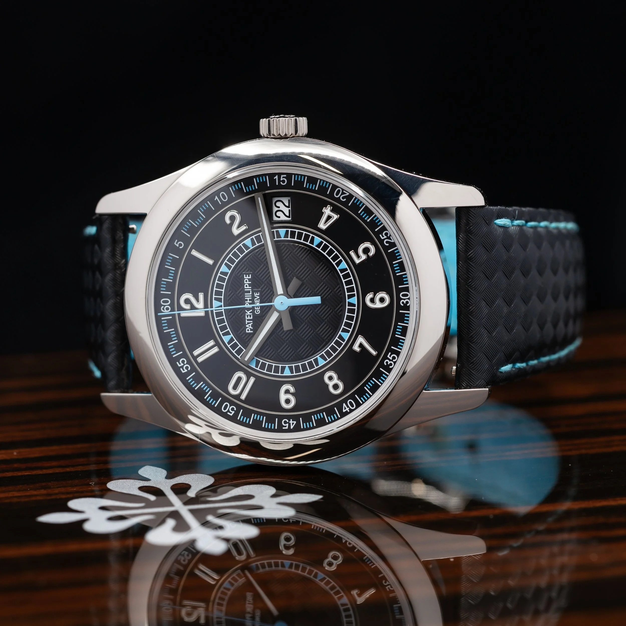 Patek Philippe Calatrava Date Carbon Motif in white gold, blue and black