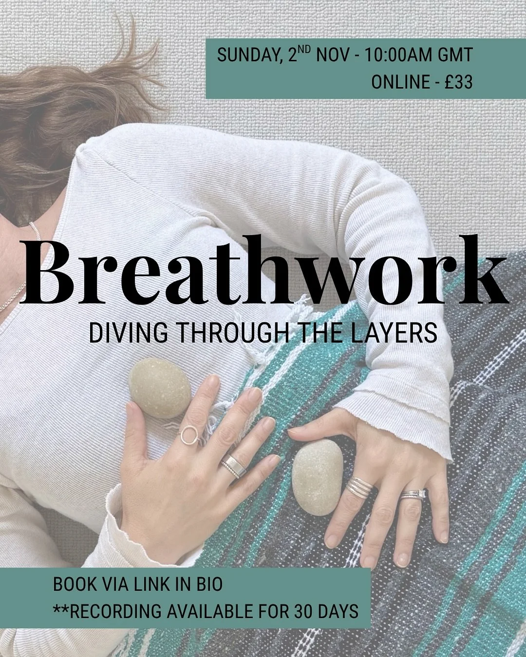 Join me Sunday, 2nd November at 10:00am GMT for an online group Breathwork session 💫

THEME: Diving Through The Layers

Take time to journey inward &mdash; moving from your outer world to your inner one. Breathe through the layers of yourself to dis