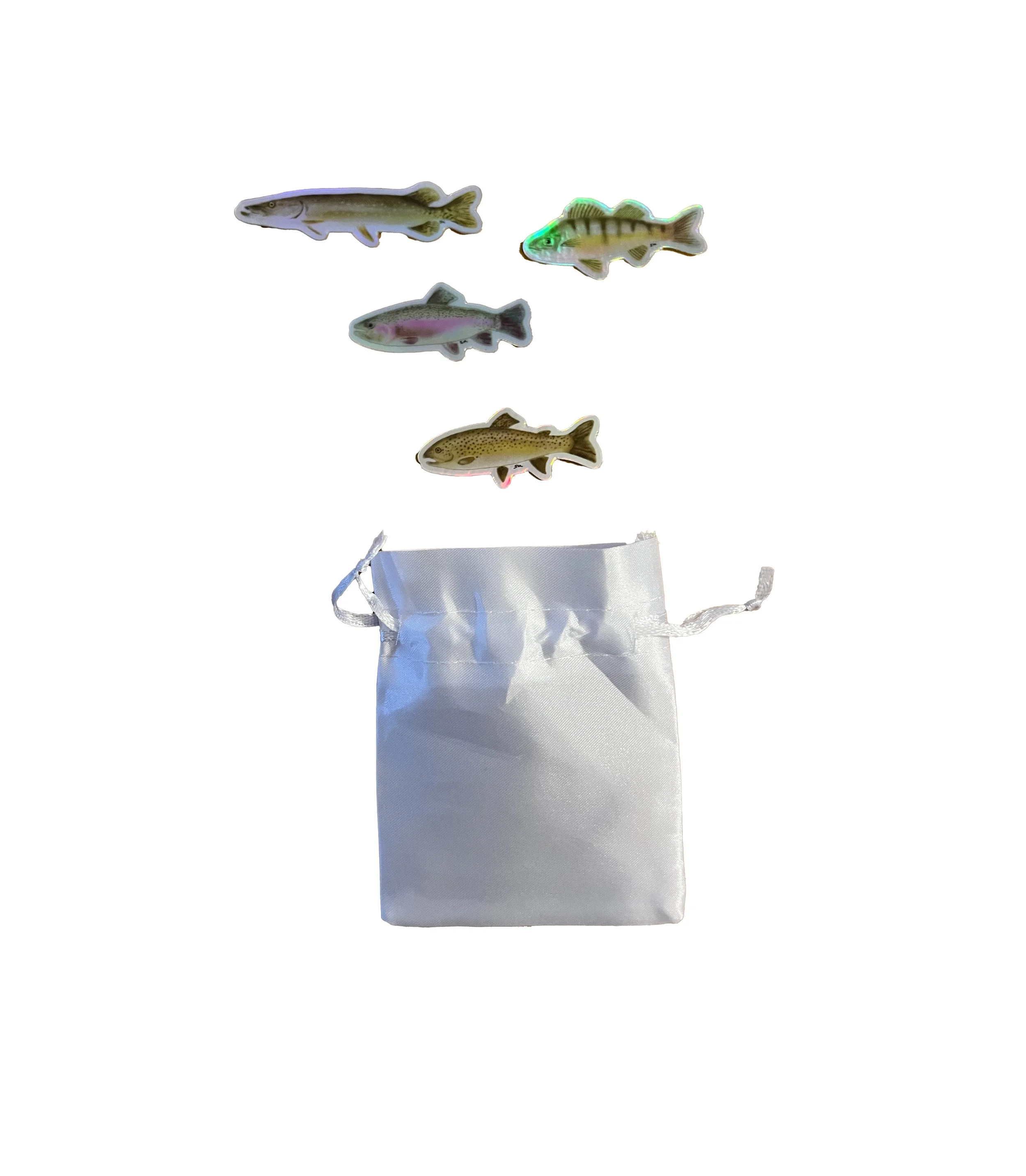 Set of 4 hollographic fish stickers in a pouch