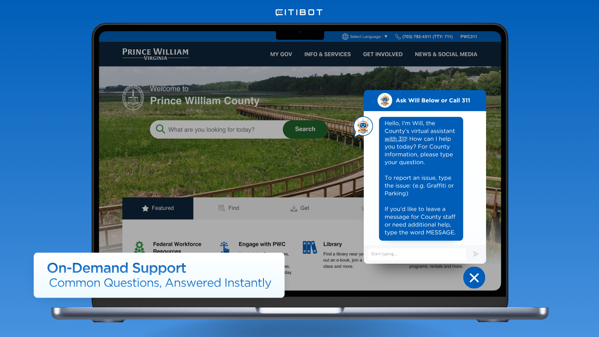 A screenshot of the Prince William County website with Ask Will the AI-powered chatbot open.