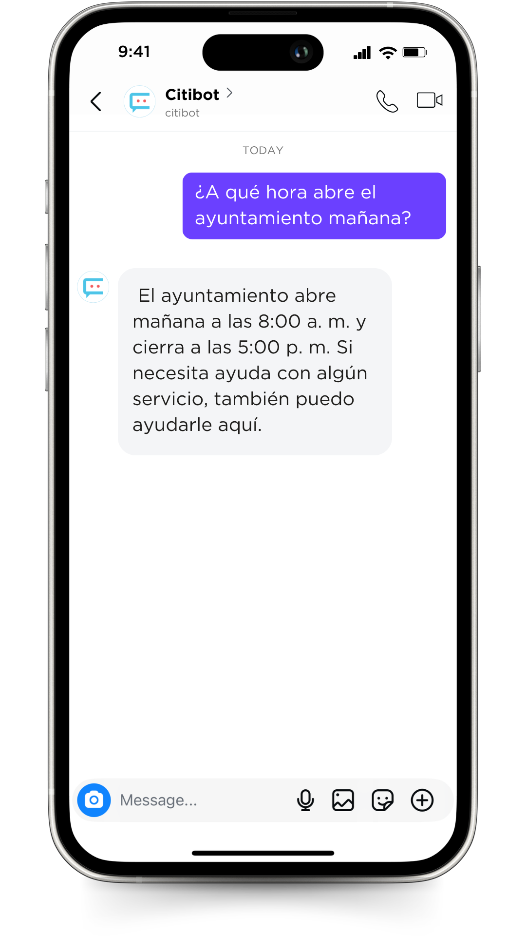 Smartphone displaying a Spanish-language Facebook Messenger conversation with Citibot, where a resident asks about City Hall hours and receives a response with opening and closing times.