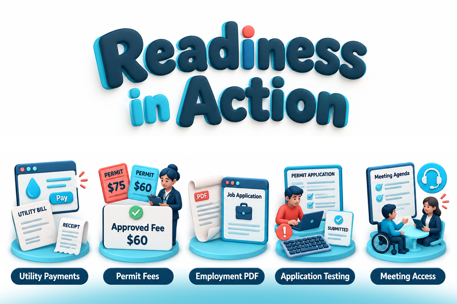 “Readiness in Action” illustration highlighting five local government accessibility priorities: utility payments, correcting conflicting permit fees, employment PDFs, application testing, and access to meeting information and assistance.