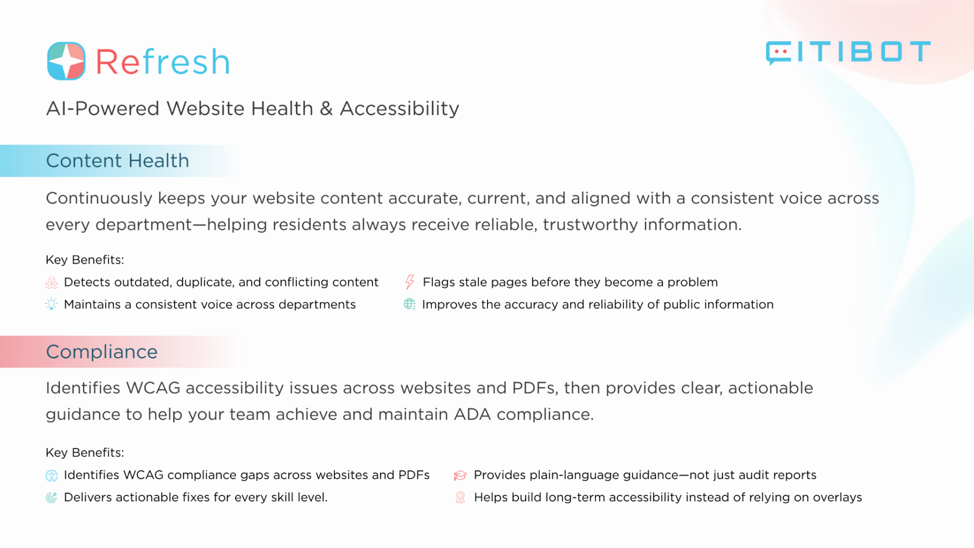 Citibot Refresh helps improve website content accuracy and identify accessibility issues across web pages and PDFs.