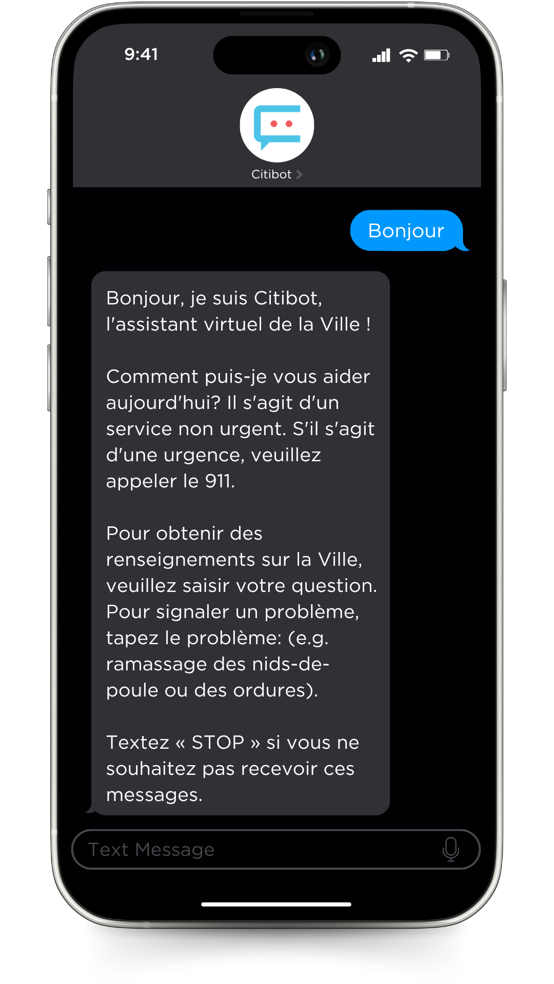 Smartphone displaying a French-language text conversation with Citibot, demonstrating multilingual support through SMS.