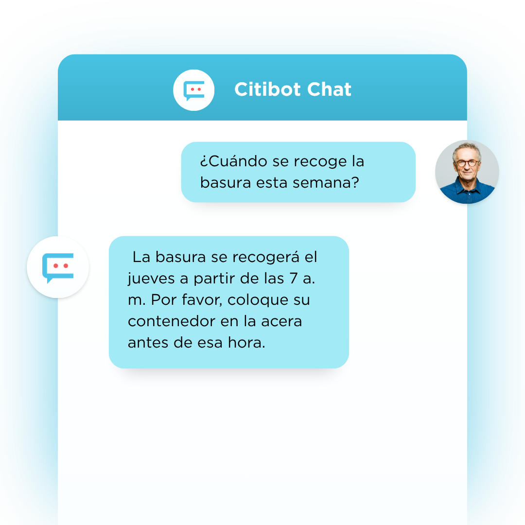 Illustration of a Citibot Chat conversation in Spanish, with a resident asking when trash will be collected and Citibot responding with Thursday pickup information and instructions to place the container at the curb.