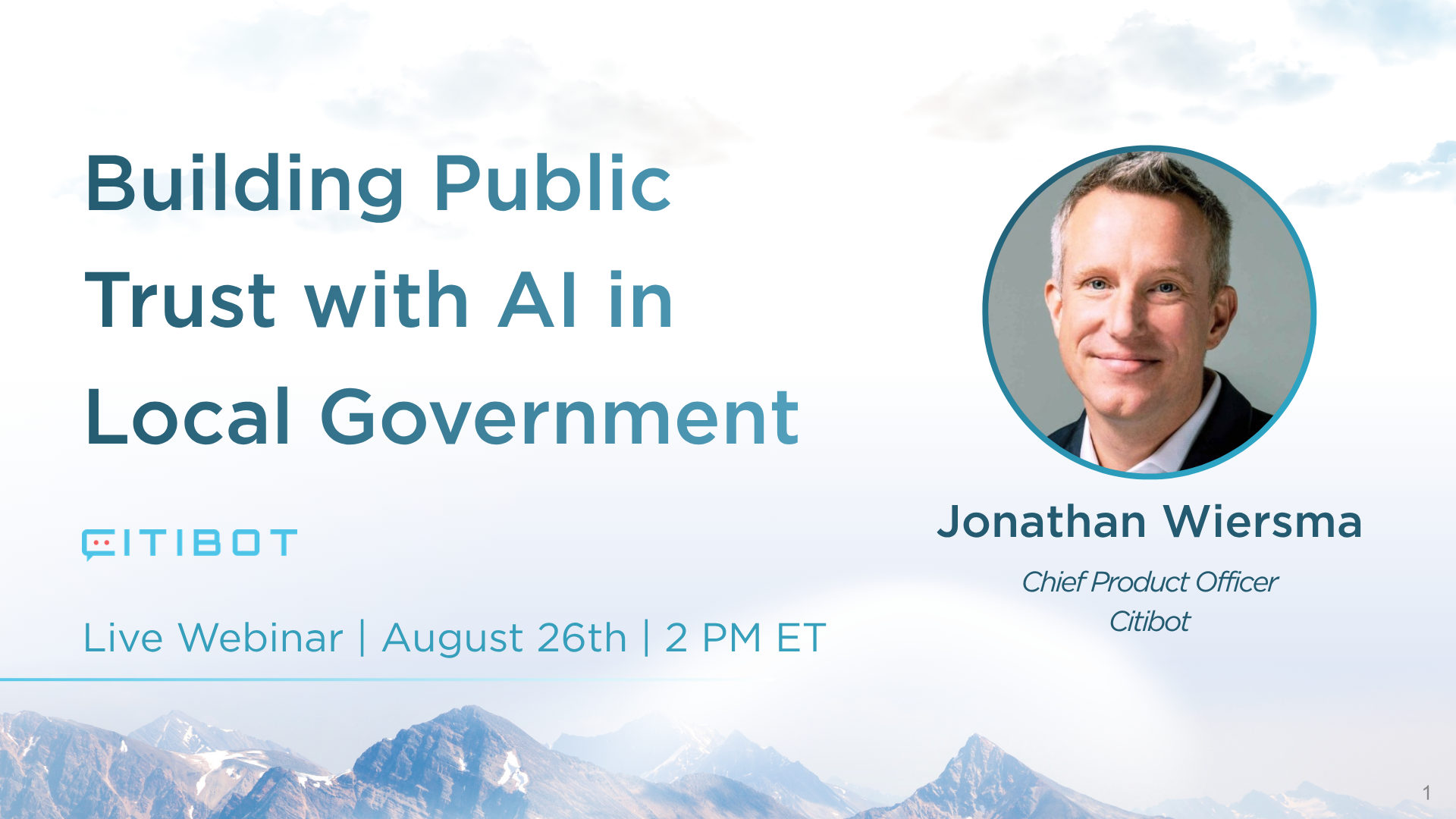 Promotional graphic for Citibot’s live webinar, “Building Public Trust with AI in Local Government,” featuring Jonathan Wiersma, Chief Product Officer at Citibot.