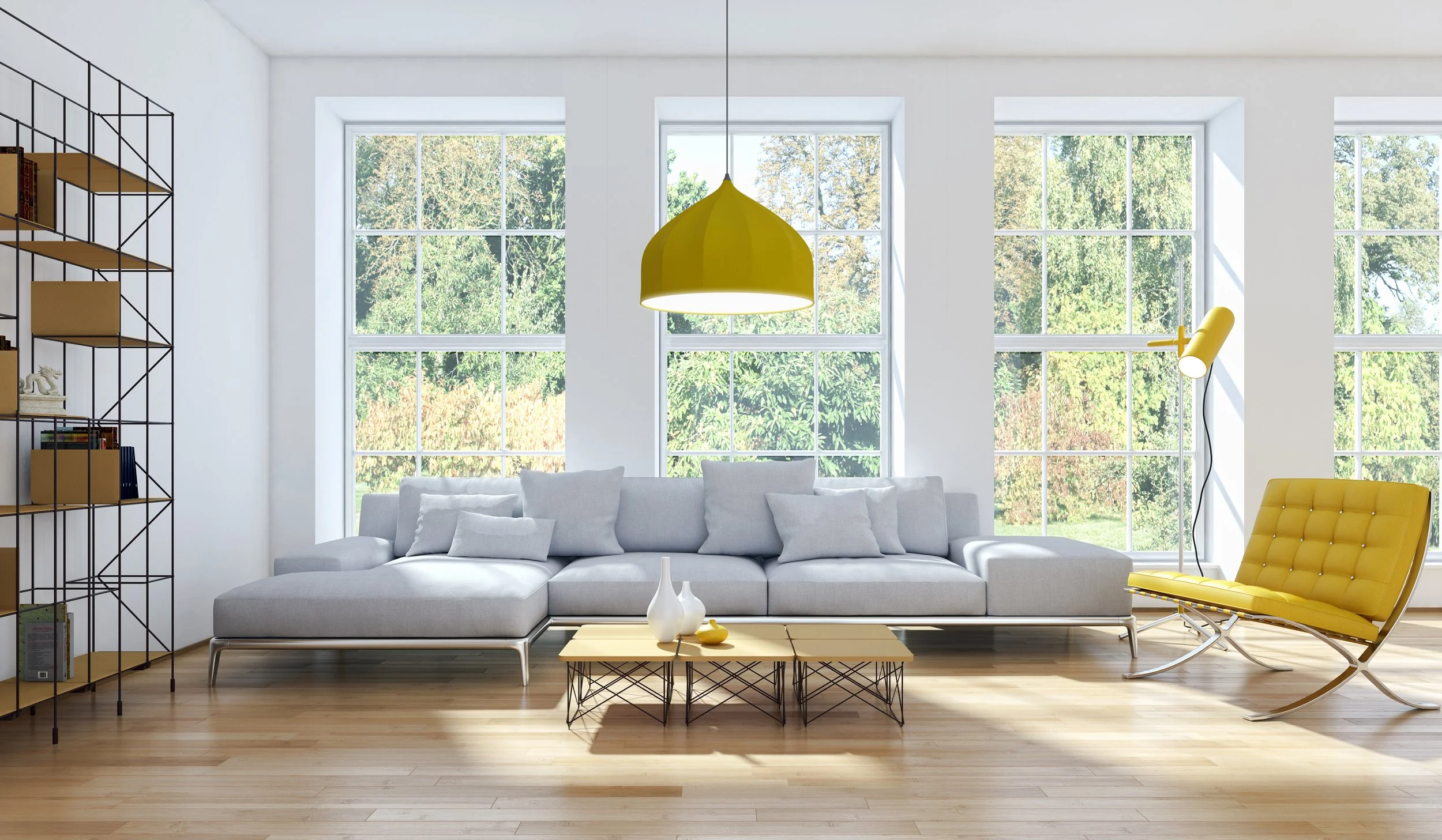 Modern Living Room with Floor to Ceiling Windows and Light Flooding in