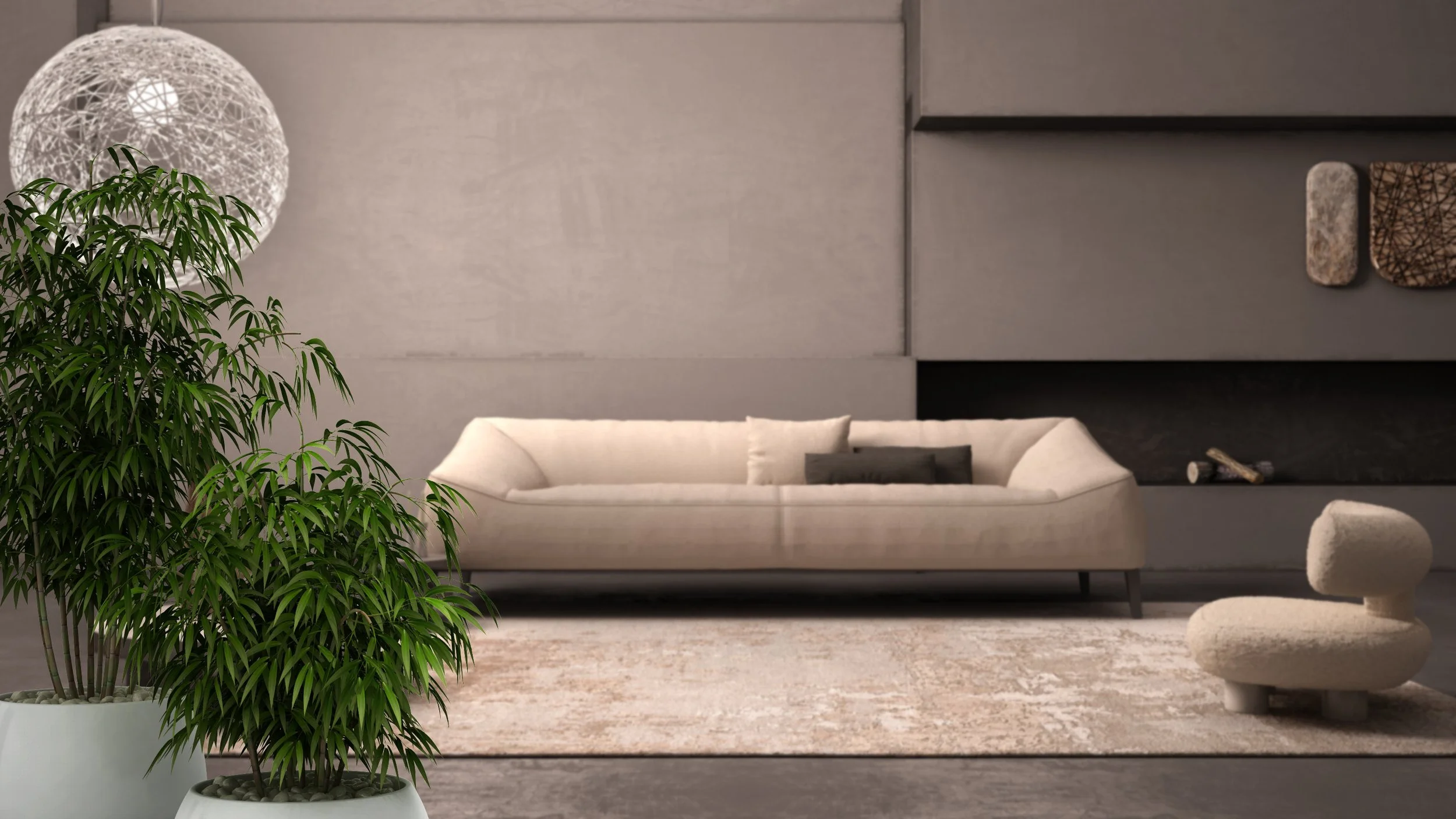 image of a zen living room with neutral colour palette, modern furniture and potted plants