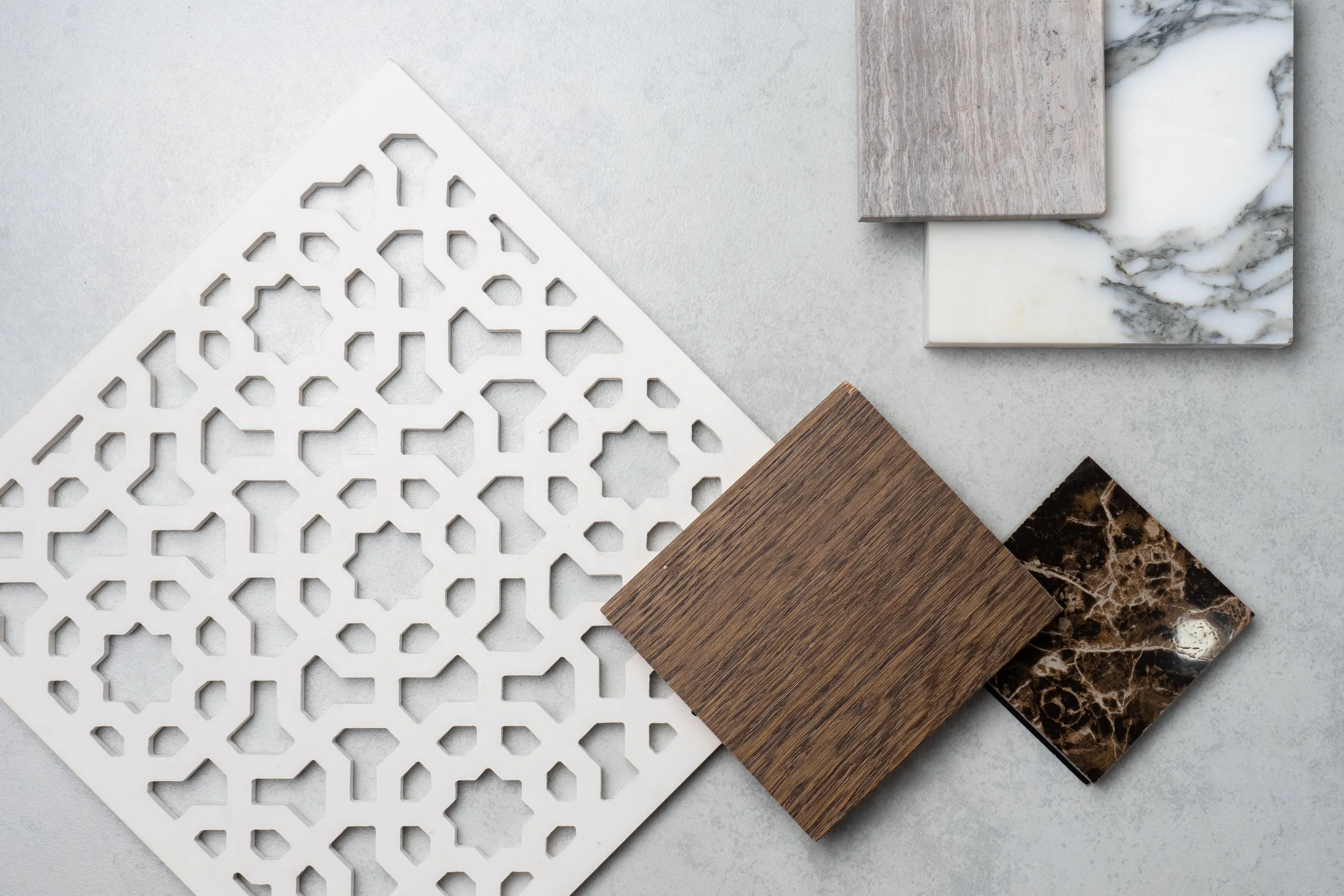 Example of an interior design material board incorporating natural materials such as real woods and marbles