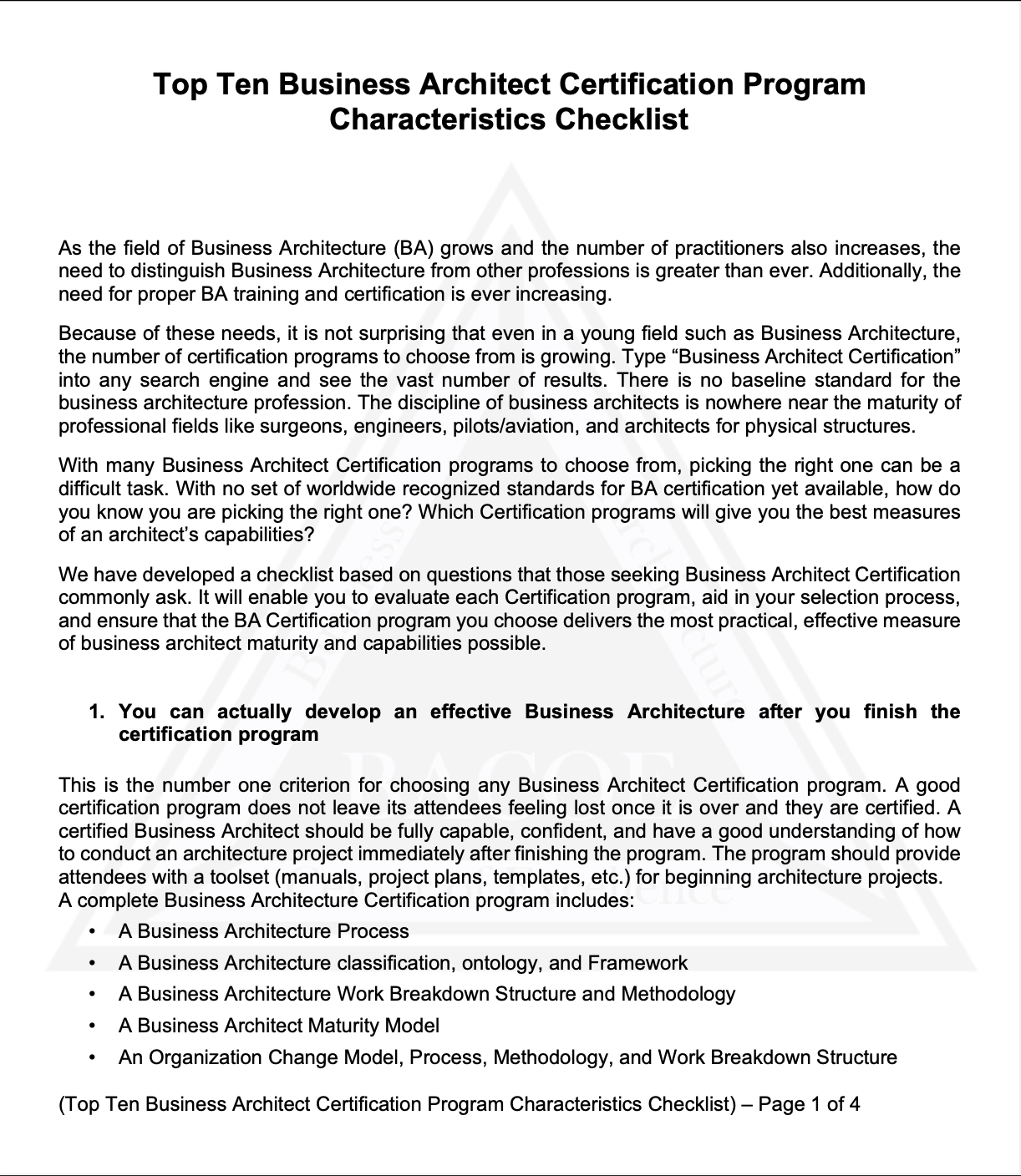 Business Architect Certification Program Checklist
