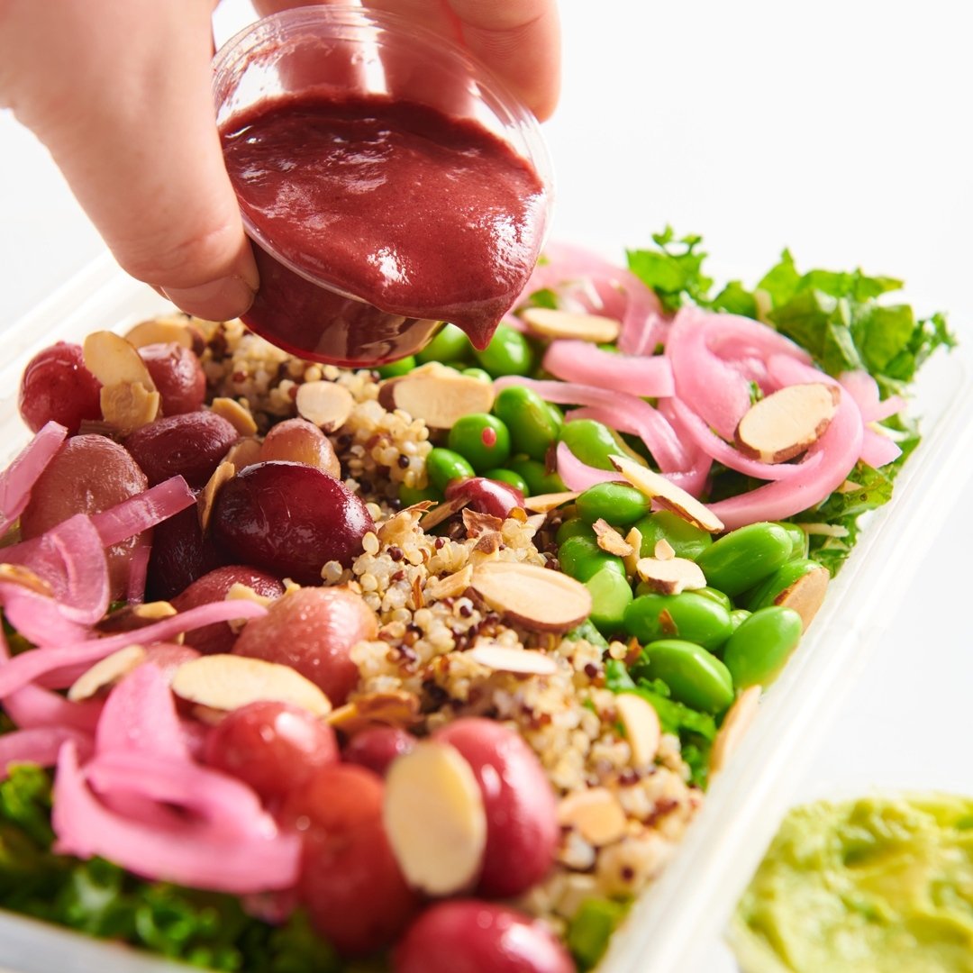 Last call to get your order in for tomorrow!⁠
⁠
Blueberry Avocado Power Kale Bowl ⁠
Blueberry vinaigrette, roasted grapes, mashed avocado, quinoa, edamame, pickled red onion, almonds, lemon-rubbed organic kale. ⁠
⁠
GF and Vegan. Available with grille