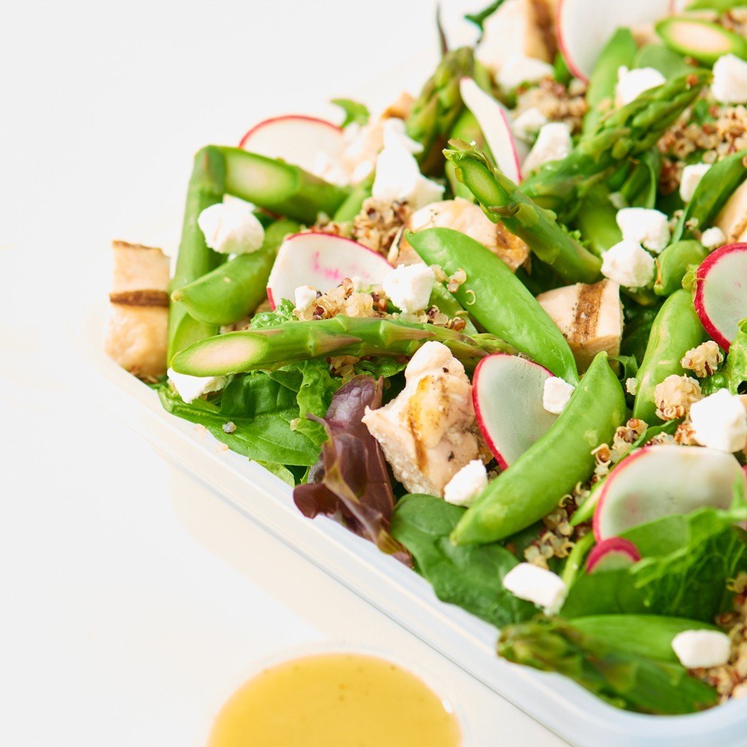 Asparagus is one of the first signs of spring. We&rsquo;re featuring it next week in our Asparagus &amp; Snow Pea Spring Salad with snow peas, goat cheese, pickled radish, chicken, quinoa, almonds, and lemon vinaigrette.⁠
⁠
GF. Vegan option available