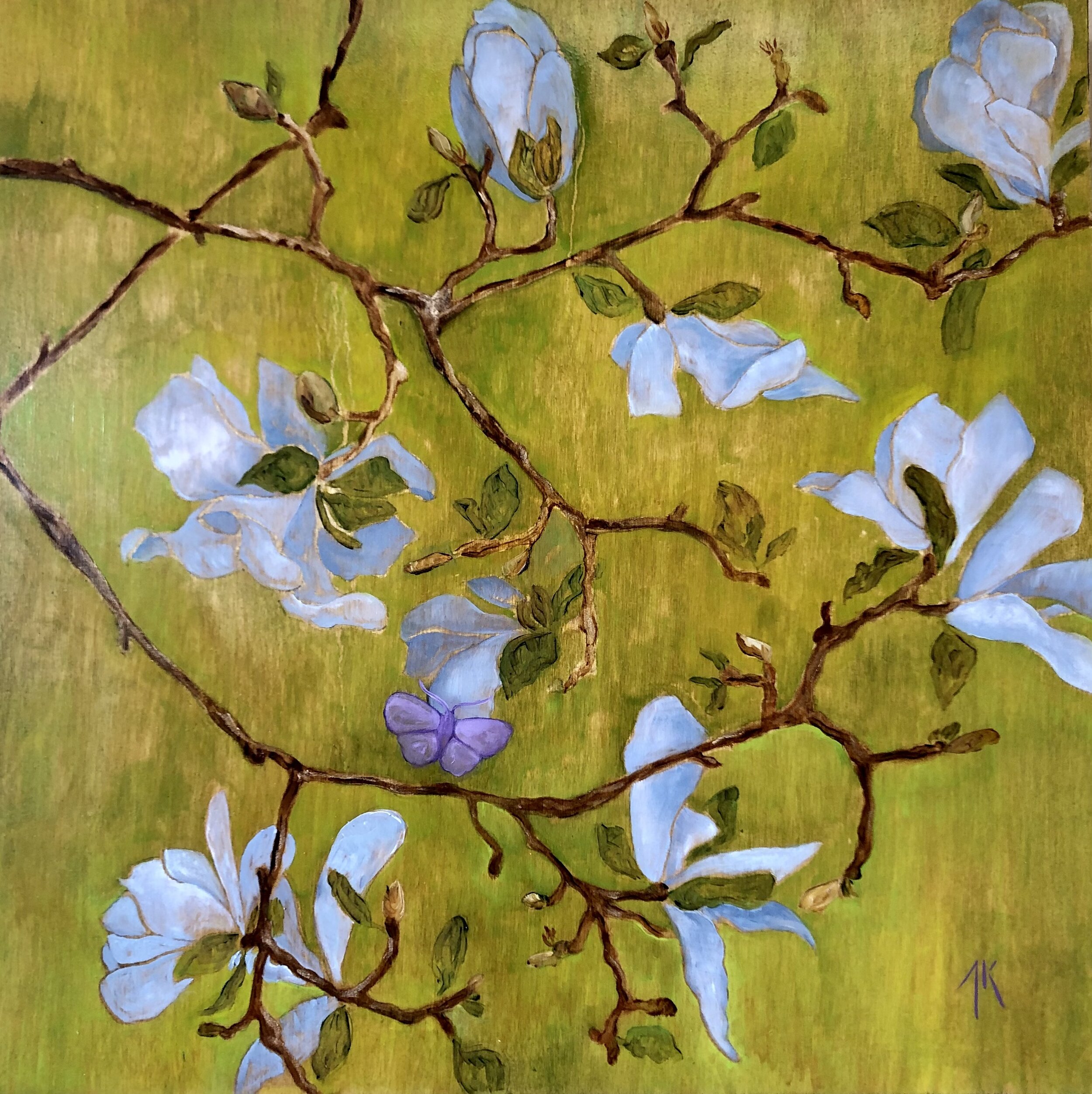 Magnolia with Purple Moth Oil on board, 16w x 16h, 2021