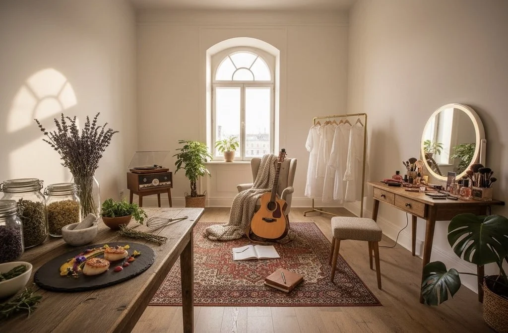 A cozy, sunlit room with a window, a guitar leaning against a chair, a clothing rack with white dresses, a vanity table with makeup and skincare items, a mirror, and various plants and jars on the table and windowsill.
