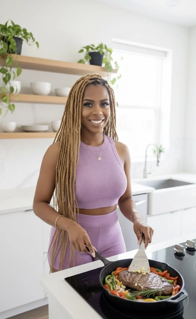 A woman with long blonde dreadlocks cooking a steak with colorful vegetables in a skillet in a bright, modern kitchen.