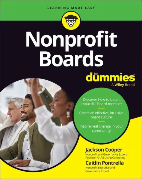 Cover of a book titled 'Nonprofit Boards for Dummies' with a green, black, and yellow design. Features a photo of diverse smiling people in a meeting.