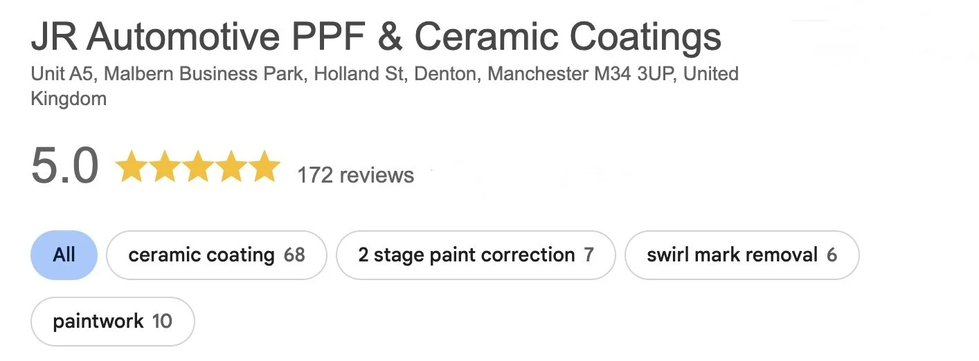 Screenshot of JR Automotive LTD Google reviews overview. 5 Star rating and 172 reviews