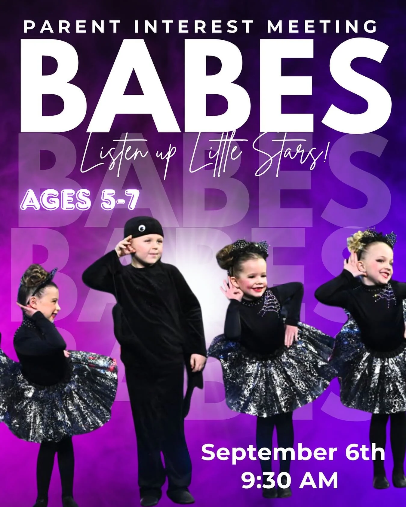 Does your dancer LOVE the stage? Then join BABES! 
Join us Saturday, September 6th 9:30am to find out what it&rsquo;s all about!
See you there!
