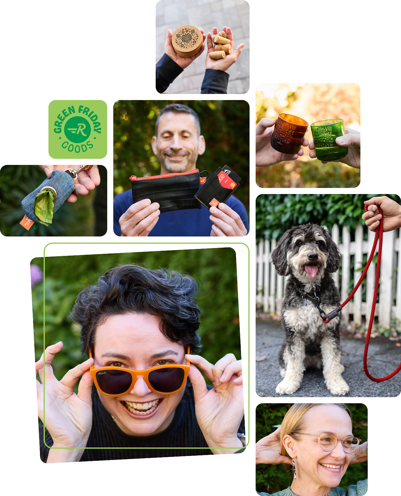 A collage showing various products from the Green Friday Goods 2026 collection, and smiling people