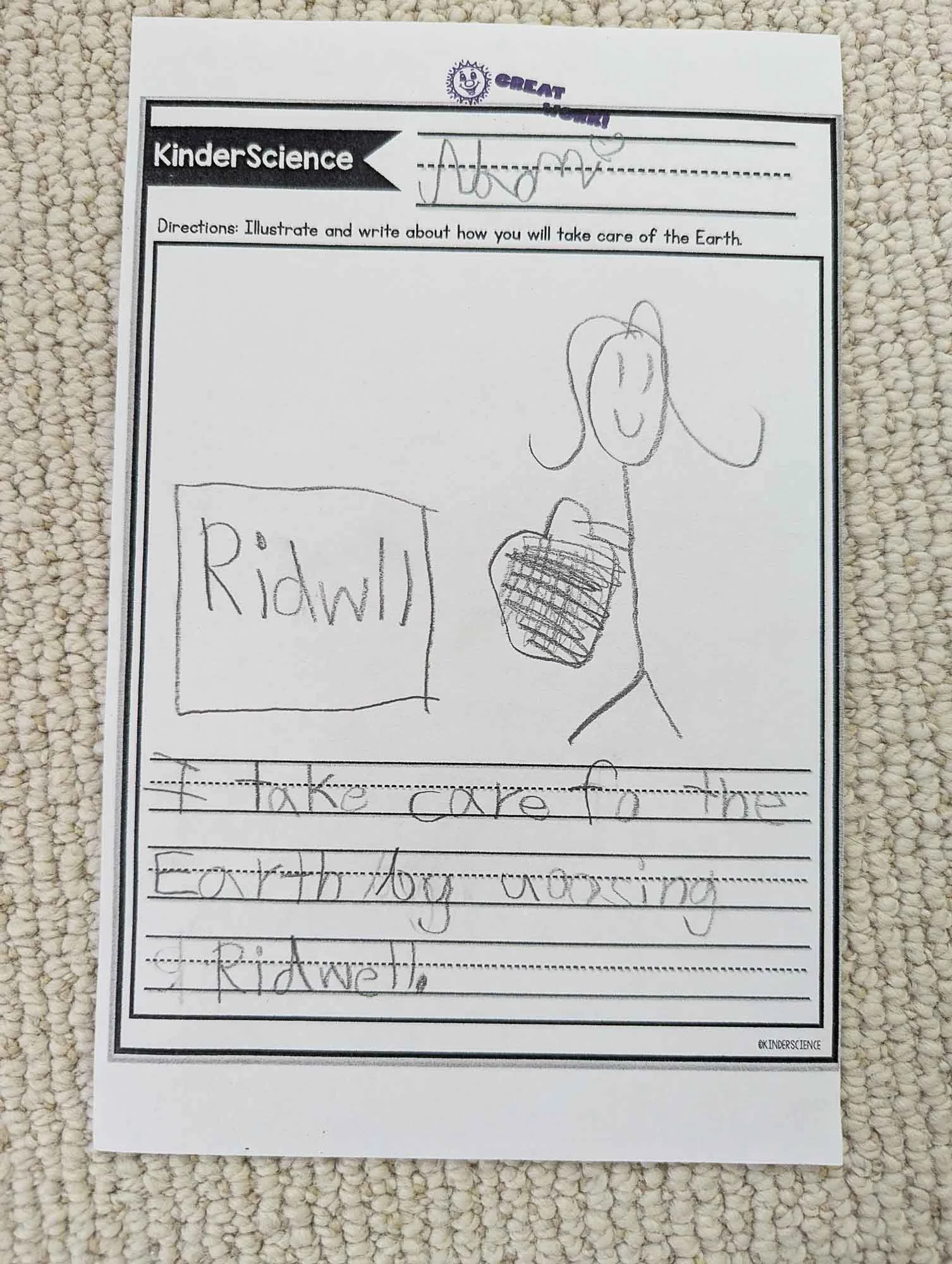 A child's drawing and text: "I take care of the Earth by using Ridwell."