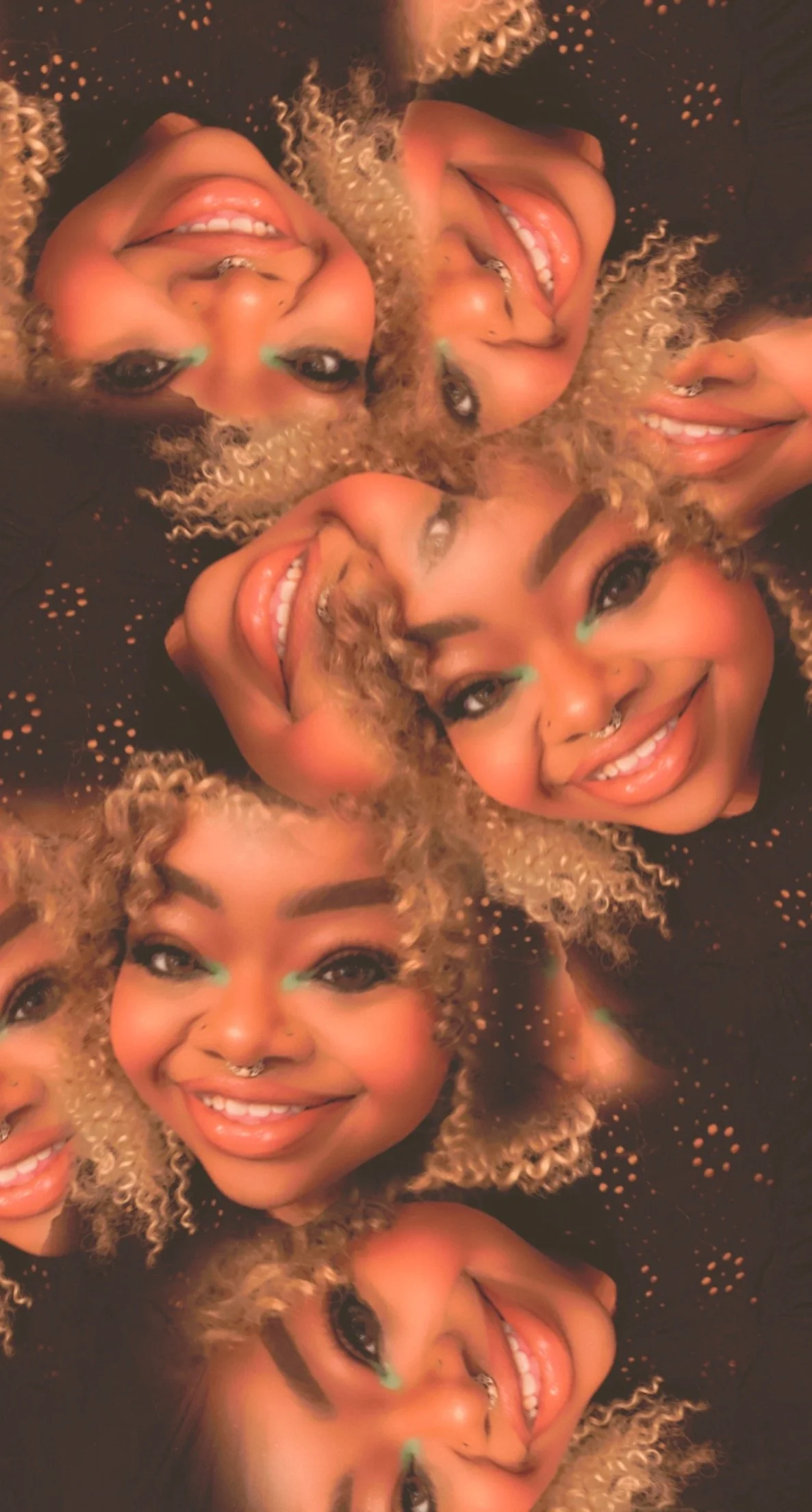 A collage of T Jamaica Pogue with curly blonde hair smiling and looking at the camera, creating a kaleidoscope effect with multiple reflections.