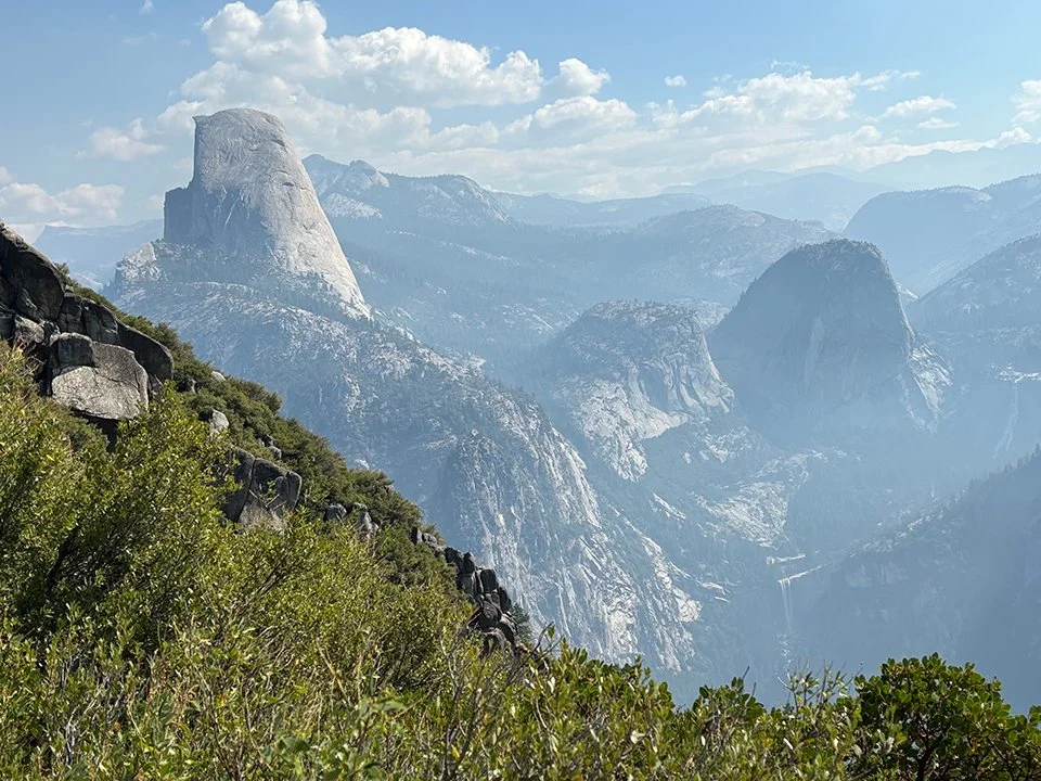 View of Half Dome and both waterfalls
