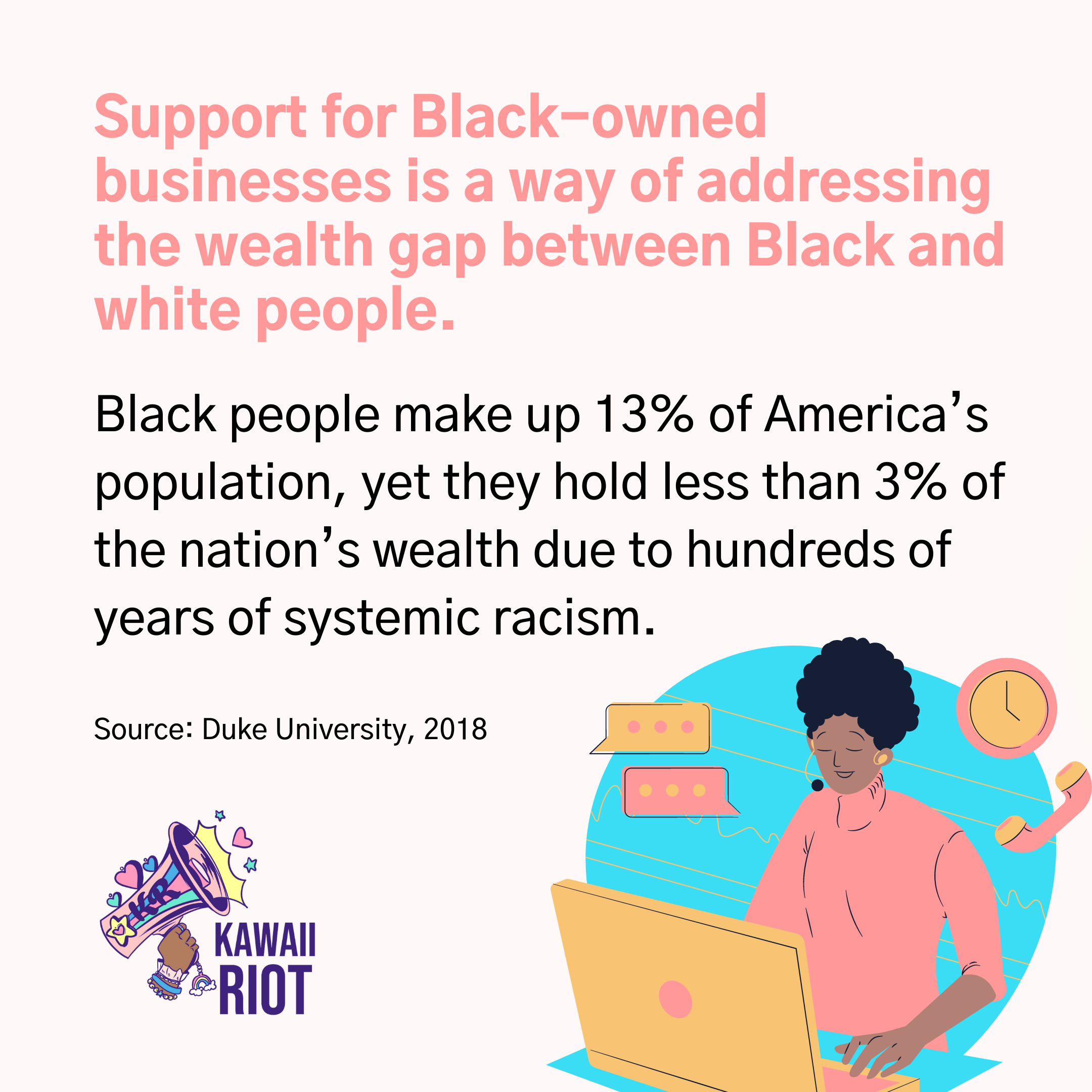 A Black woman working at her laptop, with text summarizing the first paragraph of this article.