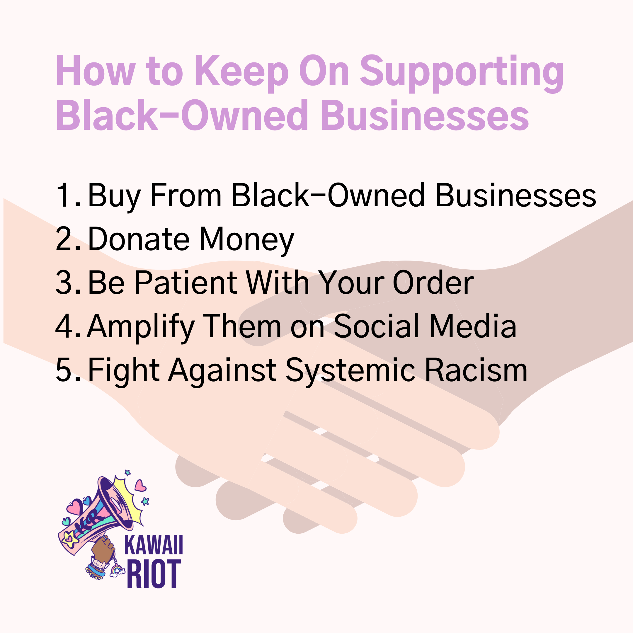 Two hands of different skin tones holding each other in background, with text summarizing 5 ways to support Black-owned businesses.
