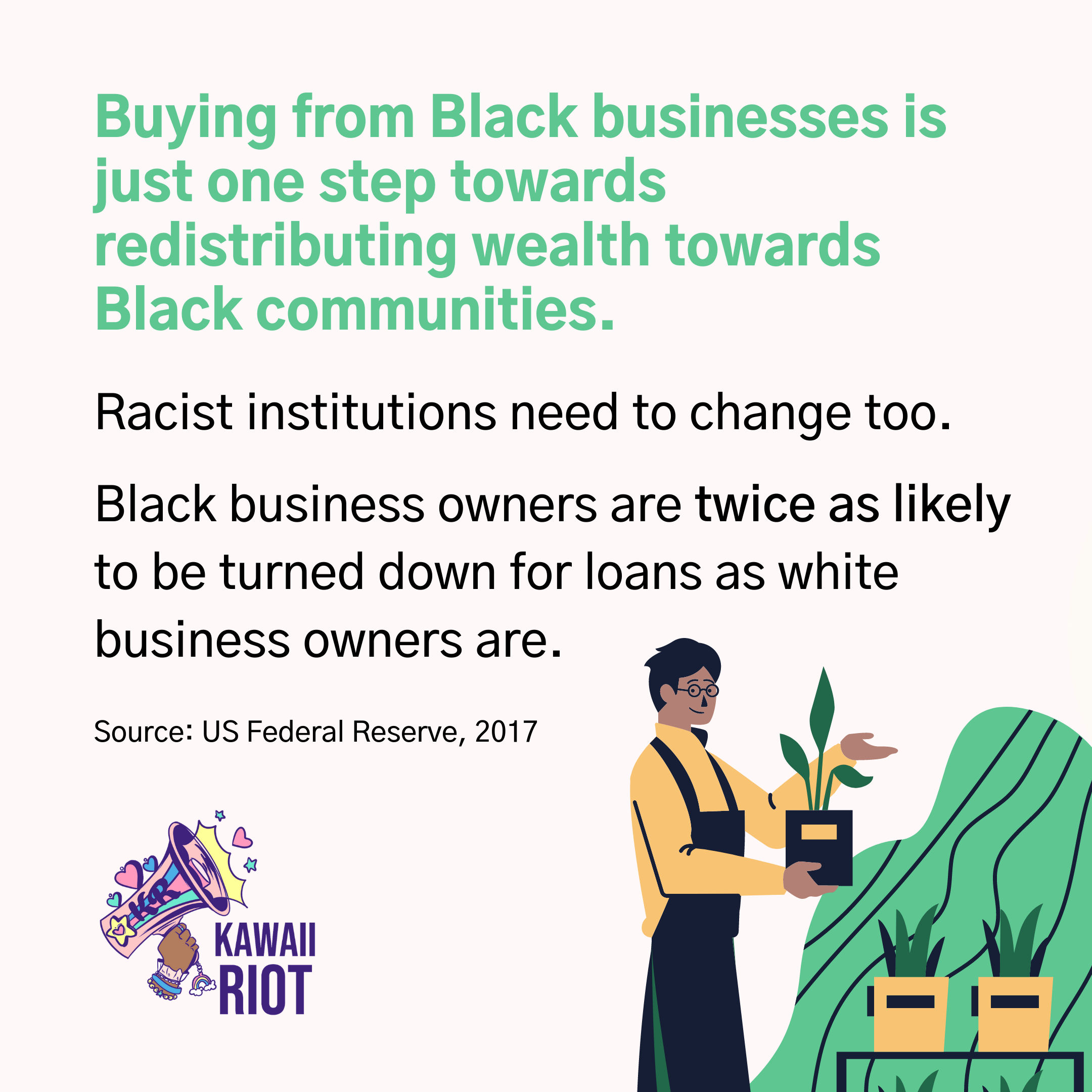 A Black man taking care of plants in his plant shop, with text summarizing points in the following paragraph.