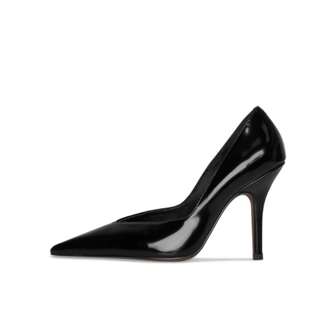 10th Floor Uptown Heel in Black side view with pointed toe and high stiletto heel.
