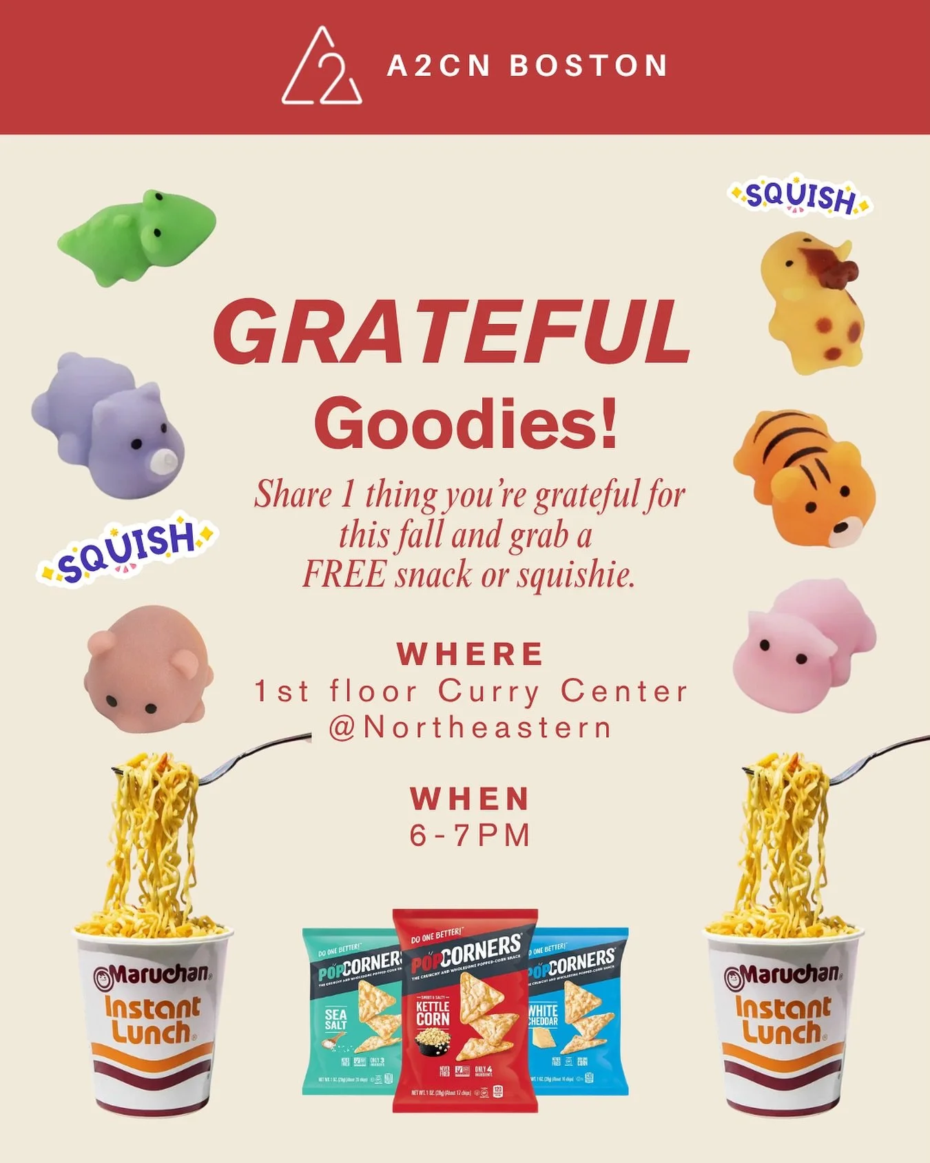 💛 Gratitude Goodies Pop-Up 💛
Stop by the Curry Center at Northeastern this Thu 11/13, 6&ndash;7PM to grab a free snack and share a gratitude note! 🍪📝 Let&rsquo;s spread some thankfulness together. #A2CN #GratitudeWeek