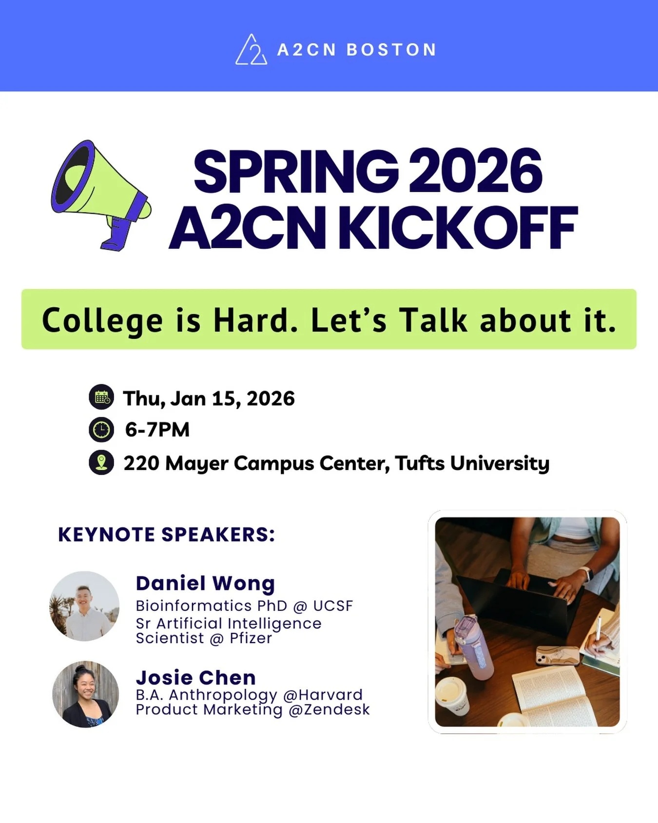 ✨ New to A2CN? ✨

College is hard, let&rsquo;s talk about it. Come learn what A2CN is all about and discover the value of mentorship, 🎓🤝

Join our Spring A2CN Kickoff to meet other students, get connected, and see how A2CN can support you every ste