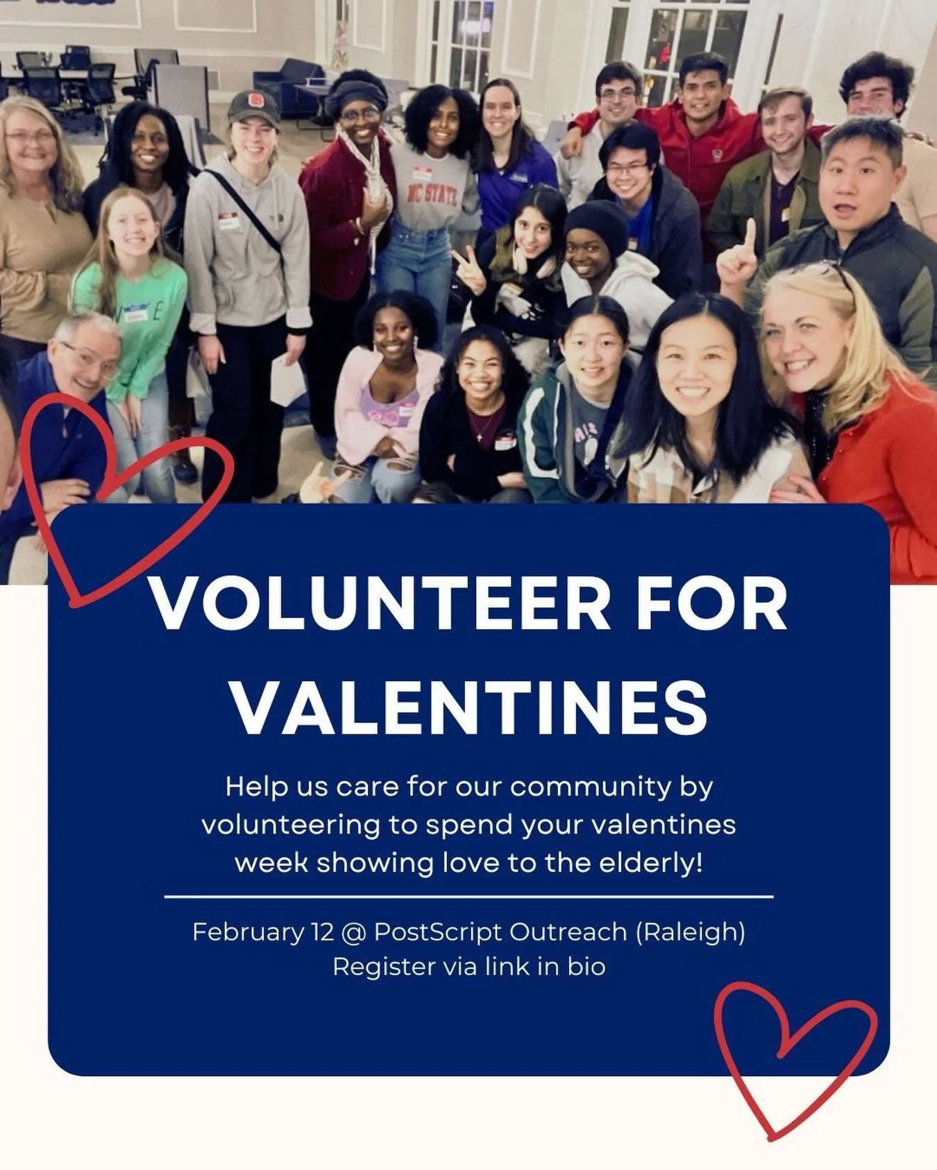 Spend your Valentine&rsquo;s Day showing love to the elderly with us as we volunteer to serve at PostScript Raleigh! #volunteering #communityservice #waketech #serviceopportunity