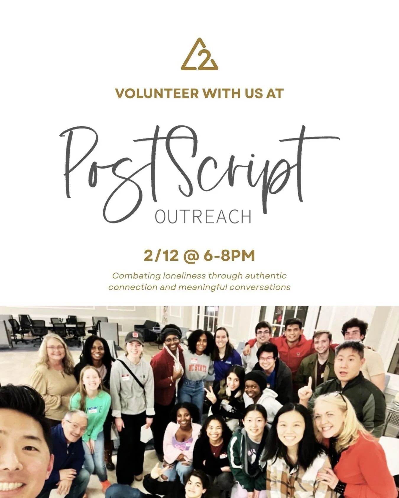 If you&rsquo;re a college student looking for an opportunity to volunteer and make a difference for the local community, join us to serve the elderly community at Post Script on 2/12! #volunteer #makeadifference #loveothers