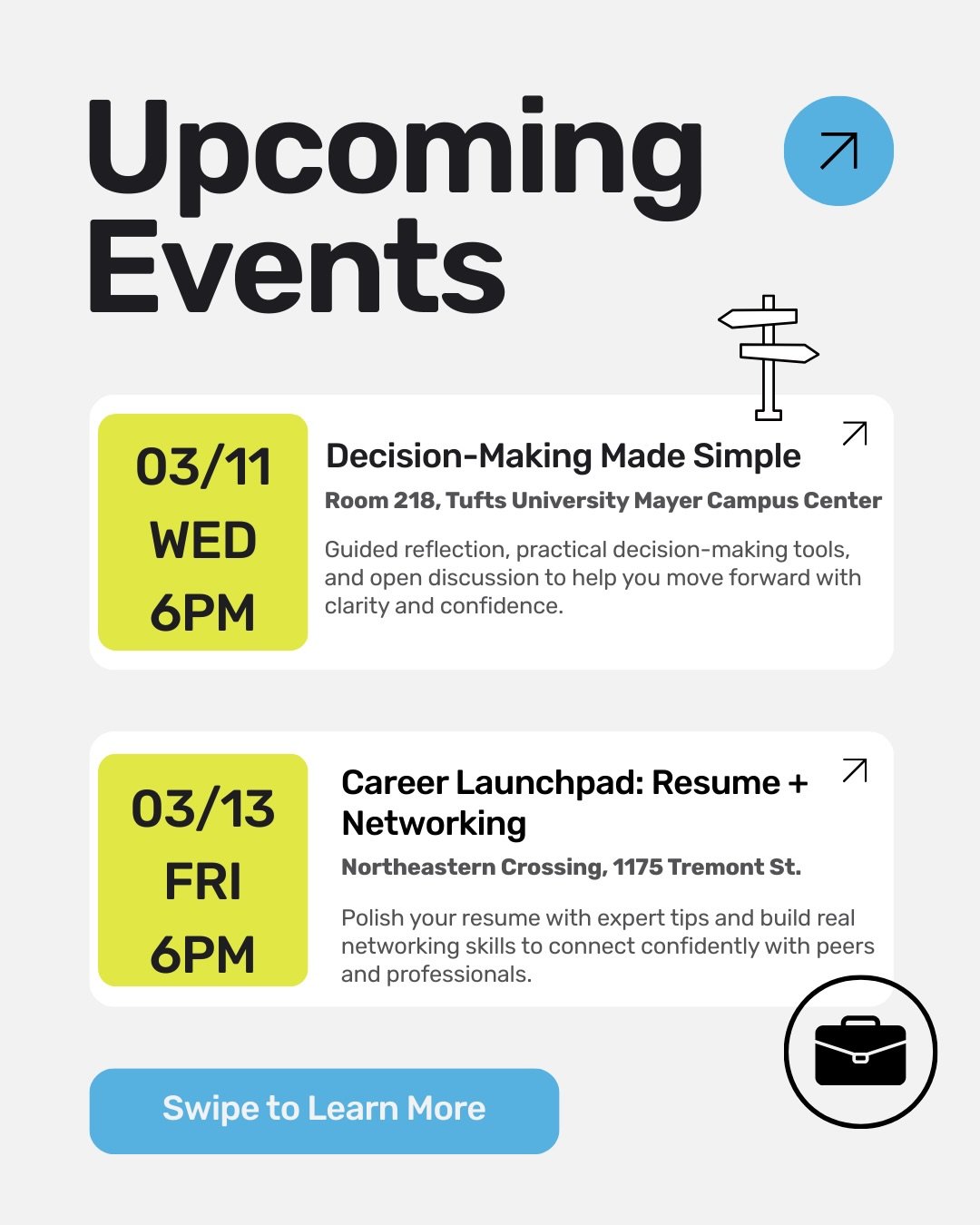 Hello March! This month, A2CN is offering 2 enrichment sessions: 

3/11 (Wed) 🤔Decision-Making Made Simple at Tufts
3/13 (Fri) 💼Career Launchpad: Resume+Networking at Northeastern

Both events are hosted by experienced industry professionals ready 