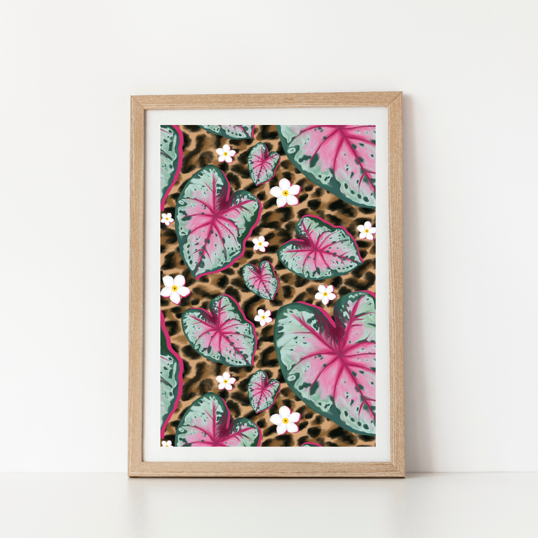 Caladium Leaves Cheetah Art Print - A6, A5, A4, and A3