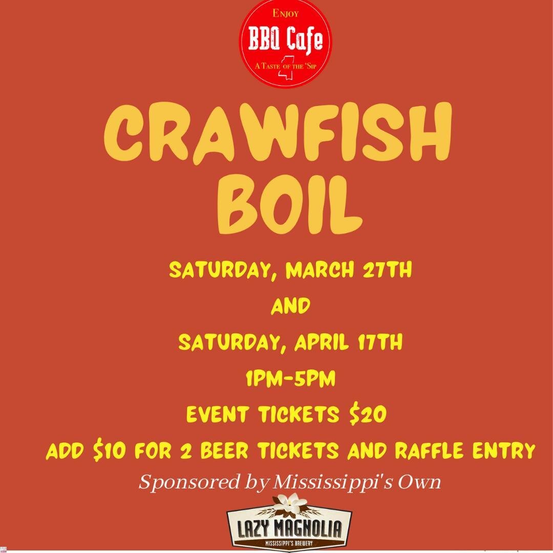 Just over the horizon and right in time for some warm weather, BBQ Cafe is having a crawfish boil! Sponsored by Lazy Magnolia, we'll have some exclusive brew to drink and merch to raffle! Tickets are on sale now for both dates through our website, bb