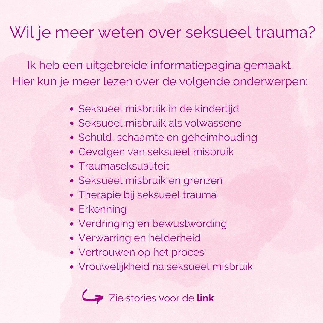 Wil je meer weten over seksueel trauma? Ik heb een uitgebreide informatiepagina gemaakt.

Hier kun je je verdiepen in de volgende onderwerpen:

𝗦𝗲𝗸𝘀𝘂𝗲𝗲𝗹 𝗺𝗶𝘀𝗯𝗿𝘂𝗶𝗸 𝗶𝗻 𝗱𝗲 𝗸𝗶𝗻𝗱𝗲𝗿𝘁𝗶𝗷𝗱
Wat zijn de kenmerken seksueel misbruik i