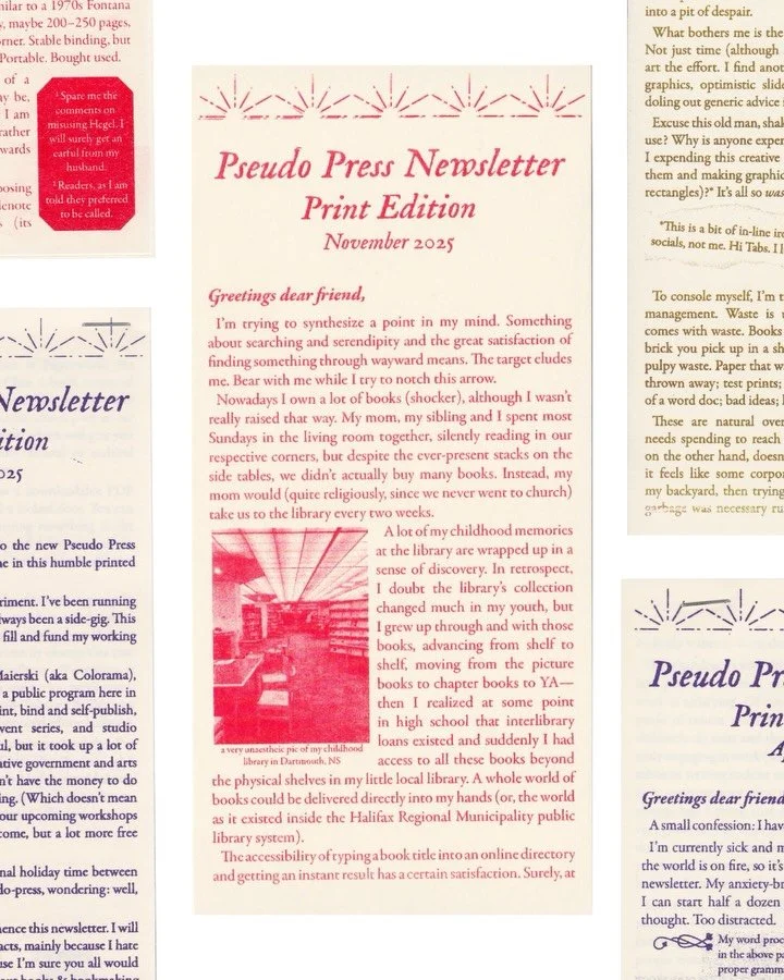 the november pseudo newsletter, print edition! ❣️💌👼 

A wistful newsletter about libraries, serendipity &amp; Hopscotch Reading Room, a review of self-archives &amp; old altars with Erin Honeycutt&rsquo;s &ldquo;Cassell&rsquo;s Encyclopedia of Quee