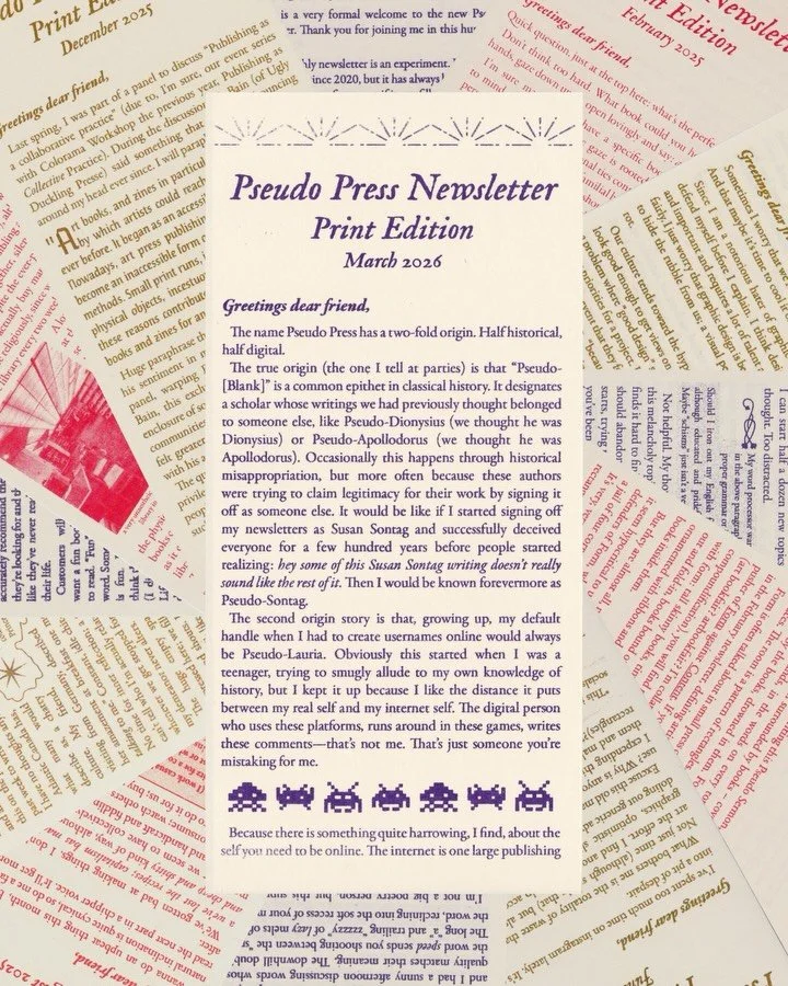 March 2025 Pseudo Newsletter 👾 thinking about the usernames we hide behind &amp; online art publishers, recommending the public domain in Paperwork and reviewing the crusade against digital rentierism in @laaannnge &ldquo;I TRUST MY EMAIL PROVIDER&r